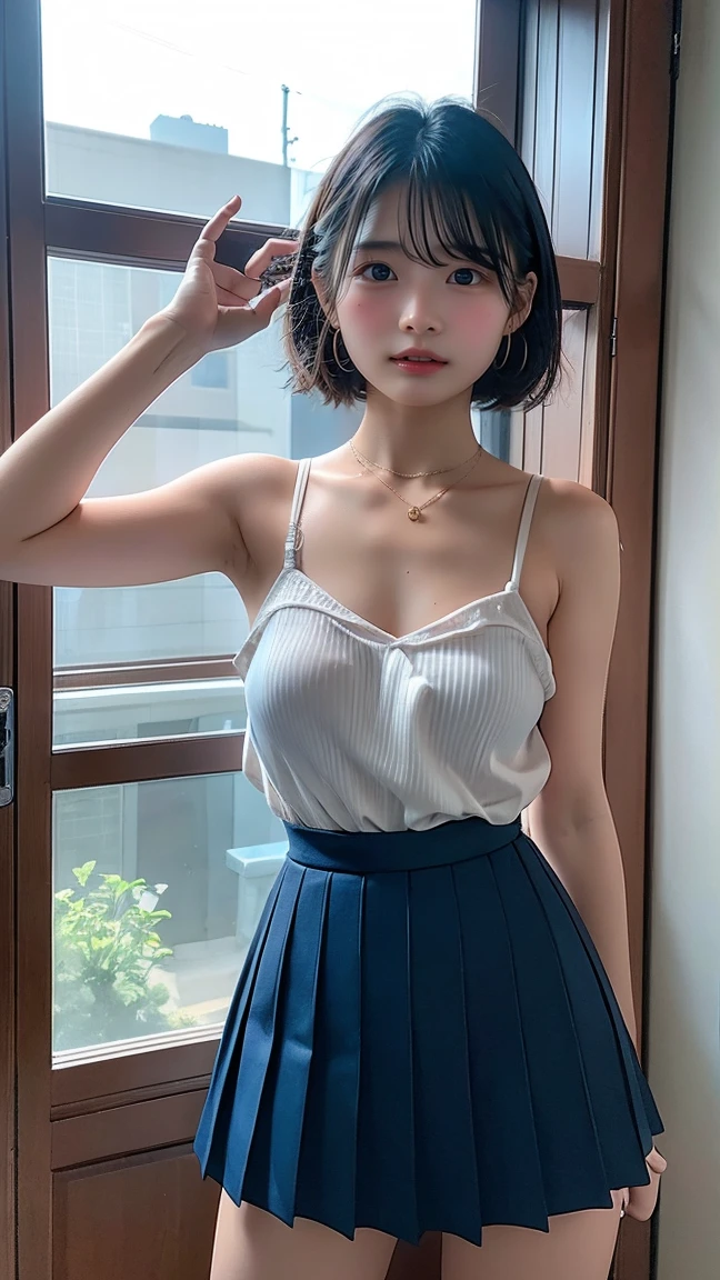 muste piece, best quality, illustration, Super detailed, fine details, High resolution, 8K,wall paper, perfect dynamic composition,(Details High quality, realistic depiction of eyes:1.3), short hair, (wavy hair:1.2), Ribon tie, Pink High , Ruffled short skirt, (Blonde hair:1.5), pony tail hair, huge breasts, Big Natural Color Lip, bold sexy pose, crying a little、cold gaze, Harajuku style、20 year old girl、cute type、lolita、beautiful legs, hotel room, full body photo、focus on crotch, hposing Gravure Idol, Sexy shot looking at camera, Sunset, by the window, Summer, knee sox, make up, Curve