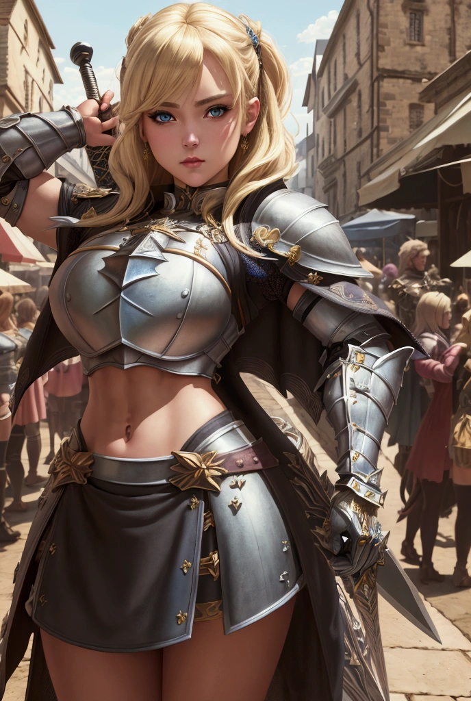 a female elf with a sexy body figure, hunting, medieval theme, pointy ears,  ((MILF)), (seducing smile:0.1), (seducing looking:0.2), (angry:1.0), ponytail, 
(((masterpiece))),  ((best quality)), ((intricate detailed)), a sexy woman with elf attributes cloths, (big breast:0.1), bracers, pauldrons, perspective, highly detailed, illustration, 1 girl, beautiful detailed eyes, long hair, blonde hair,  (fantasy:1.2),  armor, detailed background, (at the castle, bedroom, royal, painting on the wall:0.0), inside underground cave, partially submerged, water ripple, fierce look, (looking at the viewer:1.3), from the front,   <lora:adventurers_v1:1>  <lora:LowRA:0.15>, (spread legs:0.0), (mini skirt:1.3)
