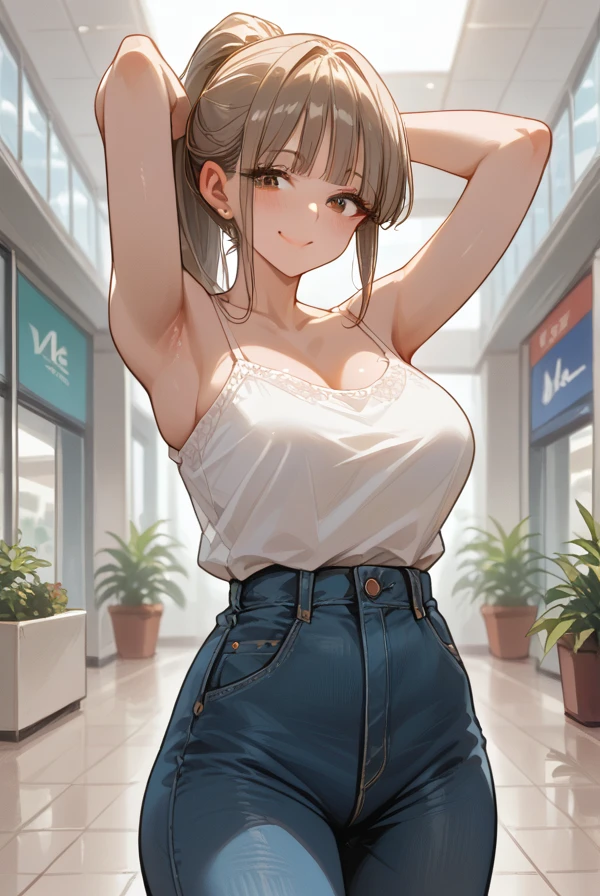 score_9, score_8_up, score_7_up, score_6_up,masterpiece, best quality, intricate details, 1girl, solo, mature female,light brown hair,blunt bangs, high ponytail, upper body, (large, curvy breasts), slim waist, fair skin, slender body, white camisole, jeans, inside of a mall,fingernails, smile, blush,arms above head, fingernail, cowboy shot, 