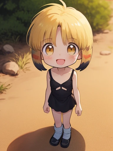 nyannyan, 1girl, solo, blonde hair,  open mouth, brown eyes, short hair, multicolored hair, blush, child, masterpiece, best quality, very aesthetic, absurdres, 1girl, smile, looking at viewer, open mouth, blush, eyebrows visible through hair, :d, standing by self, embarrassed, white legwear, smile, looking at viewer, standing by self, (flat chest, ***********:1.3), full body, HDR, uhd, front shot, public park, Desert, Lotus, Pokémon, White Wolf, Colorful Gradient, Clay Animation, Goldfish