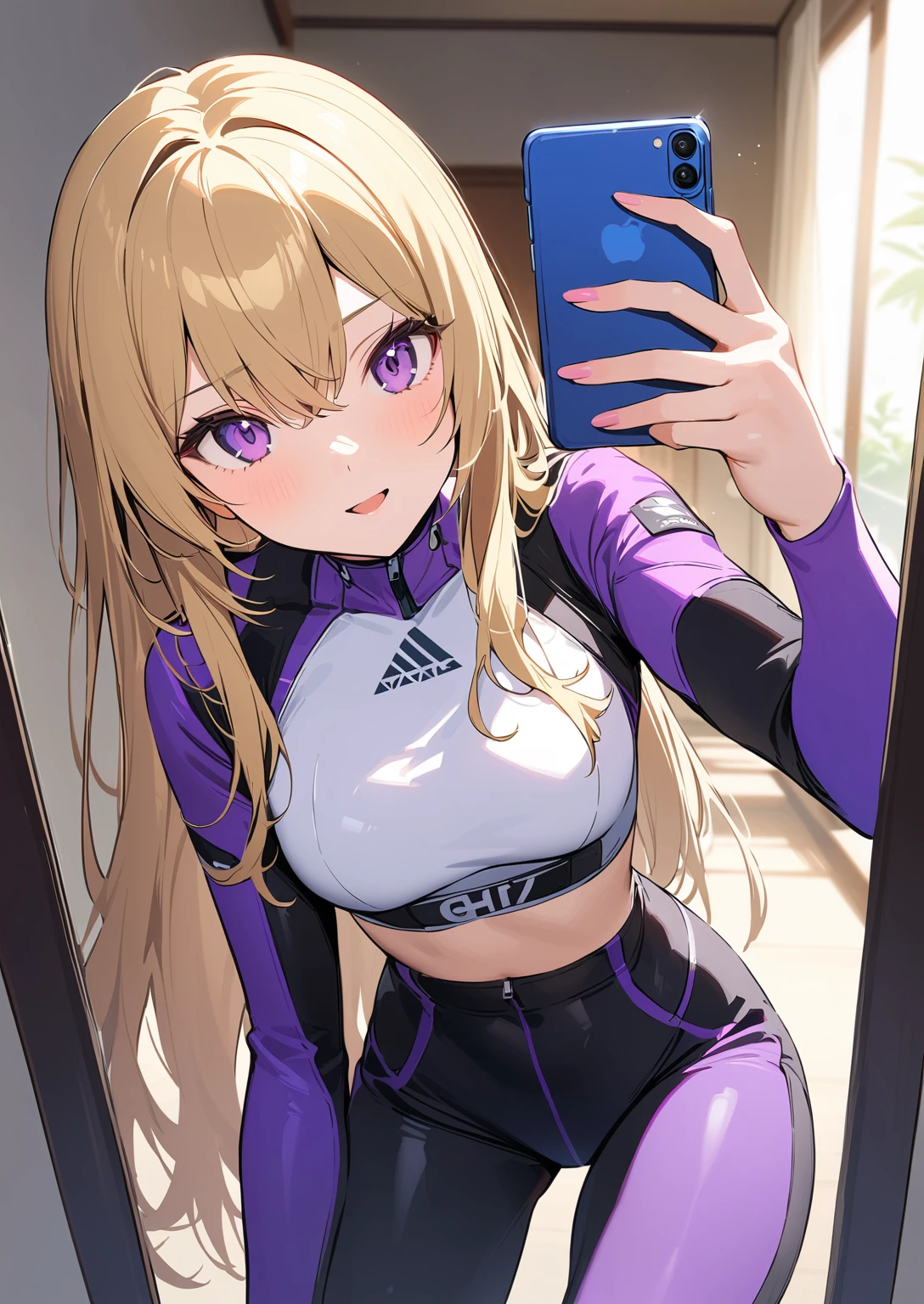 (Tabletop, highest quality, Super detailed), One Girl, Purple eyes, Blonde Hair, Dark Skin, Short Hair、Perm Hair、((pantyhose))、(on the train)、((Transparent competitive swimsuit))、sit