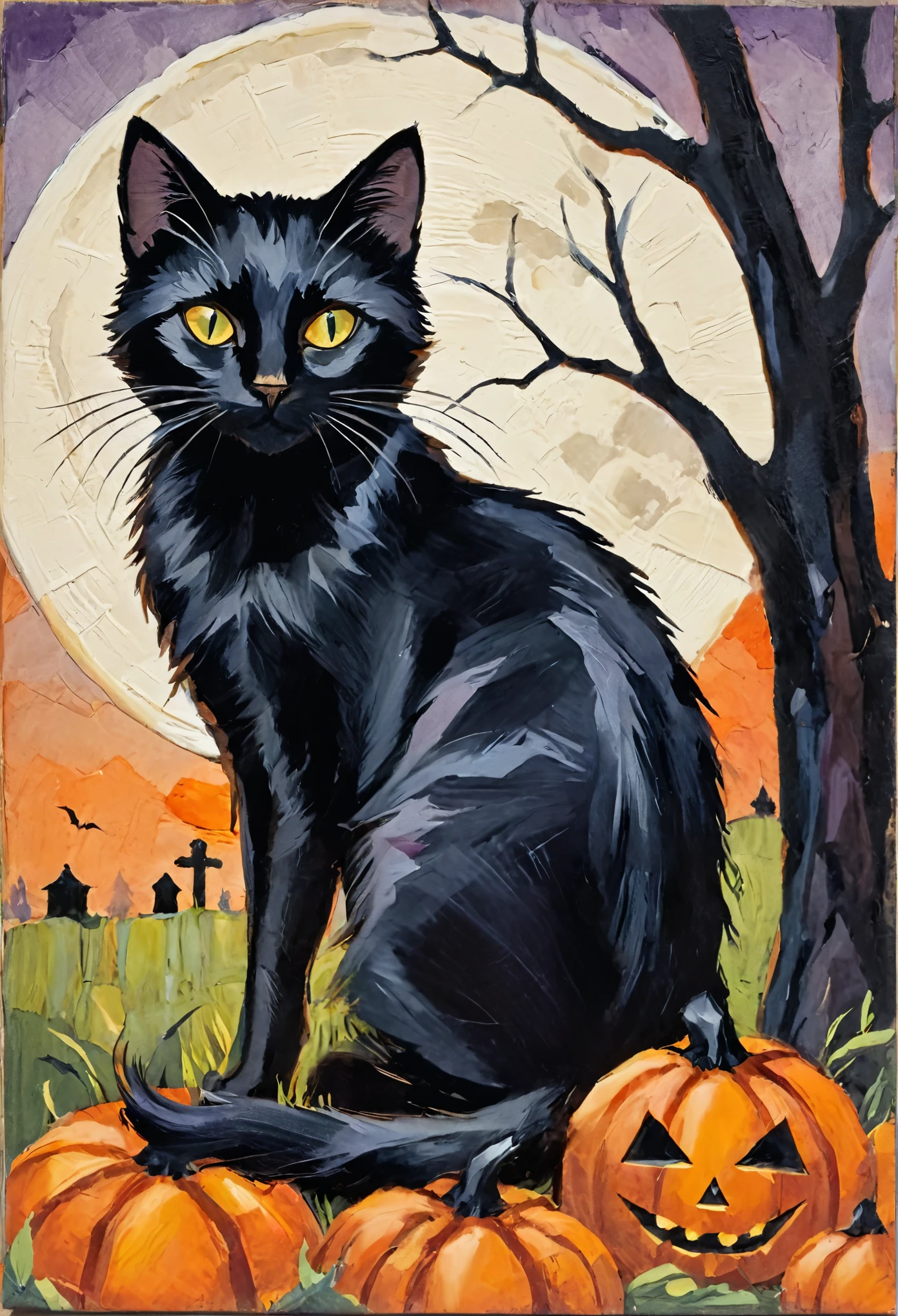 black cat folk-art Halloween wall art