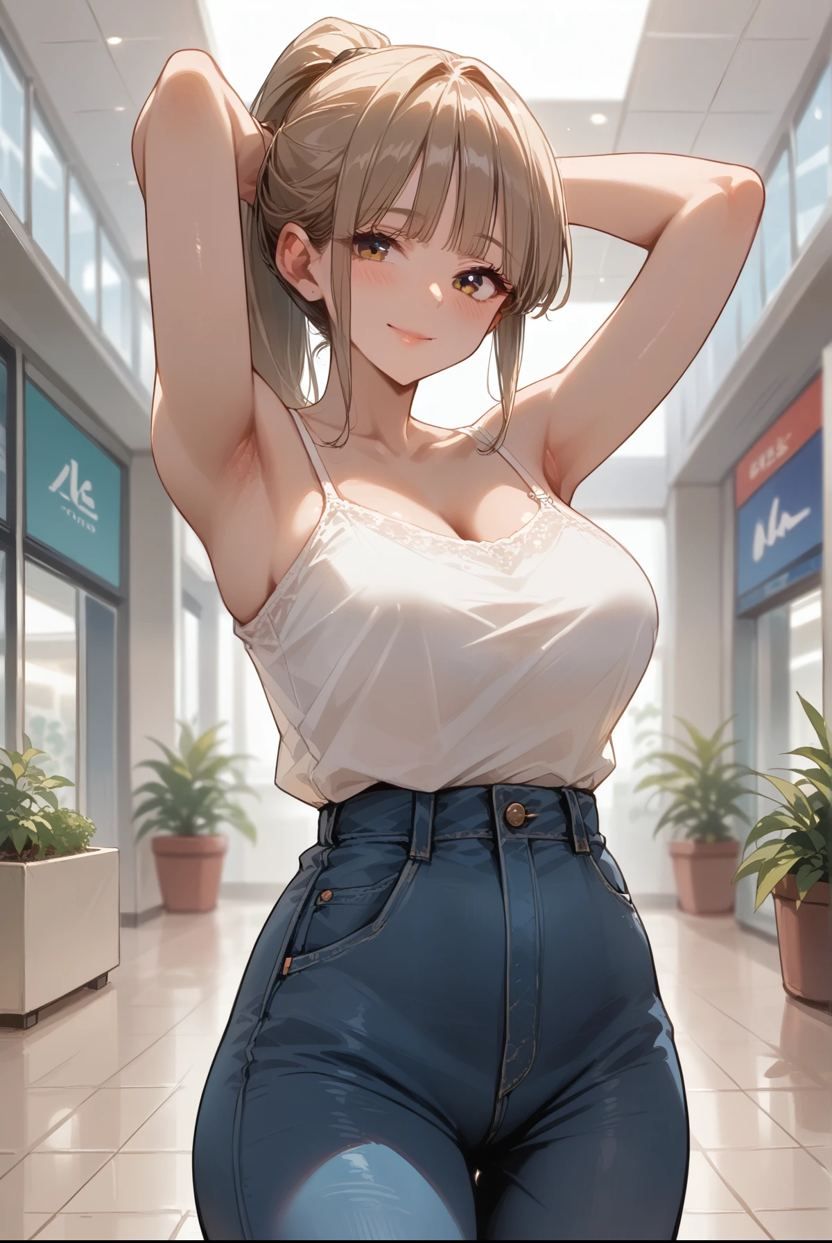 score_9, score_8_up, score_7_up, score_6_up,masterpiece, best quality, intricate details, 1girl, solo, mature female,light brown hair,blunt bangs, high ponytail, upper body, (large, curvy breasts), slim waist, fair skin, slender body, white camisole, jeans, inside of a mall,fingernails, smile, blush,arms above head, fingernail, cowboy shot, 