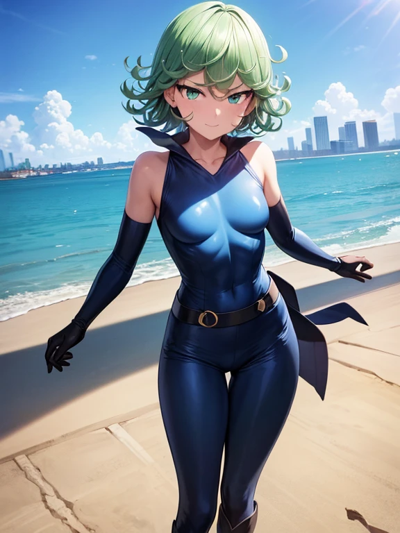 Masterpiece, best quality, ultra detailed, illustration, lighting epic, cinematic composition, 1 girl, Tatsumaki, short hair, green hair, very small breasts, green eyes, bright eyes, smiling, blushing, closed mouth, piercing gaze, full body, Black Collar, Tall, Thin, Shock Collar, Black Gloves, Black Chest Harness Belt, sky Blue color Wrist Guards, Sleeveless, sky Blue color Likeness Suit, sky Blue color Suit With An Emblem, Orange Circular Emblem On Chest, Orange Emblem, sky Blue color Pants, Gray Knee Pads, Metallic sky Blue color Boots, Black Superhero Belt, City Background, Standing On A Pier By The Sea During Daytime, Looking At Viewer, Anime