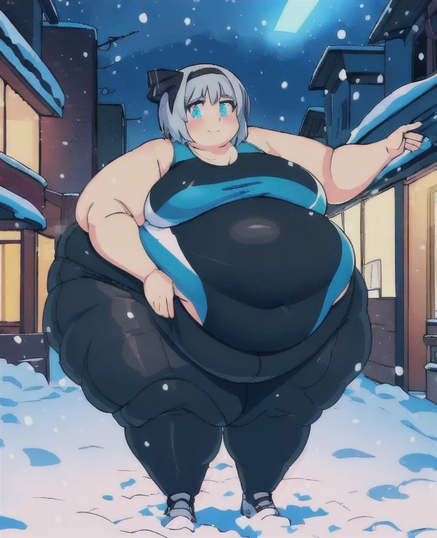 ((best quality, 4k, 8k, anime girl, masterpiece)), ((((beautiful extremely detailed face, beautiful eyes)))), glowing eyes, cinematic lighting, perfect anatomy, ((youmu konpaku)), (((chubby, SSBBW, very obese, extremely wide waist))), (((highleg competition swimsuit))), (full body view), ((gray/silver hair, glowing hair, black headband)), (((very wide waist))), (((fully clothed, fully concealed belly))), ((city lights, snow)), ((thick outlines, anime style, vibrant colours)), slight smile, ((low camera angle)),