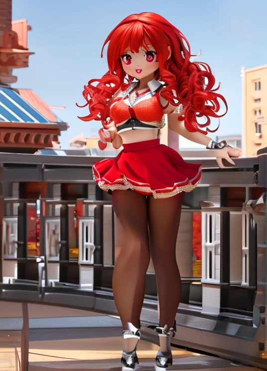 (masterpiece), best quality, expressive eyes, perfect face, (city background), (posing), (smirk), (closeup view), (1girl, age 18+, Belle Delphine, fair skin, red hair, long hair with bangs and big red bow, ponytail hairstyle, red eyes, hourglass figure, thin body, skinny body, petite_body, small breasts, wide hips, thick thighs), (pink_red minidress, sleeveless, strapless, black waist belt, white stockings),