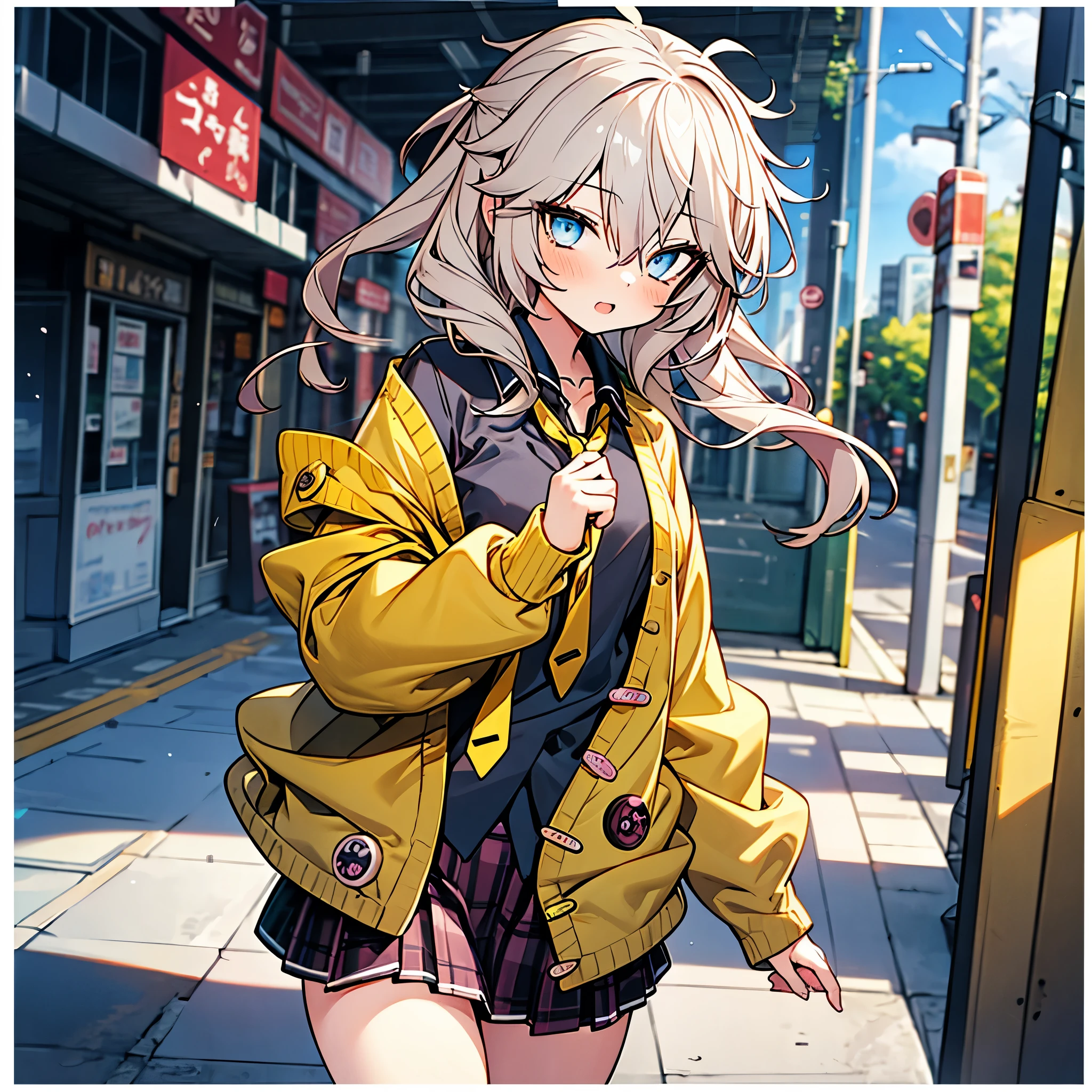 masterpiece, Best Quality, Perfect Face, Highest Resolution, Best Quality,Detailed depiction of the eyes, 8k, kasukabe tsumugi, One Girl, Black shirt, Yellow tie, Yellow cardigan, plaid skirt, Walking in the downtown area, Perfect Anatomy