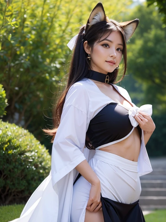 One Girl, Fox Girl, Nine-Tailed Fox,Fox Ears, Black colored hair, Fox Makeup, Kimono with open chest, Body size is 100-70-90!, Nice body, Avatar, face, Open chest, lewd face, Dominant representation, naughty face, Big Breasts, Emphasize cleavage,Show bare skin, Skin is visible, With legs apart, Show off your thighs, M-shaped legs, A beautifully patterned kimono,Red and black flowing water pattern kimono, I can see her cleavage, Muscular, Uplifting, Abdominal muscles, Exposed skin, Long Hair, Skin Texture, Soft breasts, Large Breasts, Standing in a grassy field, outside, Blue sky,Composition facing directly ahead, Grab your breasts with both hands, Fingers digging into breasts, Developmental atmosphere, god mysterious painting