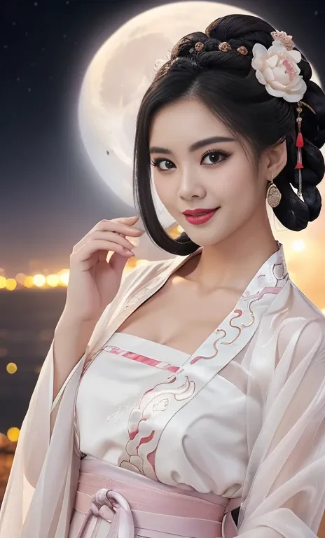 {1girl, gorgeous & youthful lady in traditional chinese dress, hanfu, short black hair, beautiful round eyes, sensual lips, beau...