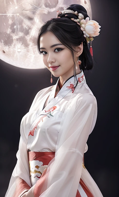 {1girl, gorgeous & youthful lady in traditional CHINESE DRESS, HANFU, short black hair, beautiful round eyes, sensual lips, beautiful detailed eyes & facial features, looking at viewer, natural poses, kind smile, smooth skin, PITCH DARK SKY, MOON,

award winning, masterpiece, anatomically right, high quality, quality, high details, detail, super detailed, huge bust size, raw photo, movie still, 

(qipao dress flowing like blooming lotus & drifting red clouds), (best quality, 4k, 8k, high-resolution, masterpiece:1.2), ultra-detailed,(realistic, photorealistic, photo-realistic:1.37), extremely detailed eyes and face, long eye lashes, cinematic lighting, vibrant colors, elegant portrait, bokeh, SAFE FOR WORK,} SAFE FOR POLICE STATES, SAFE FOR OPPRESSIVE STATES, SAFE FROM CENSORSHIP, SAFE FOR NEPOTISM, 