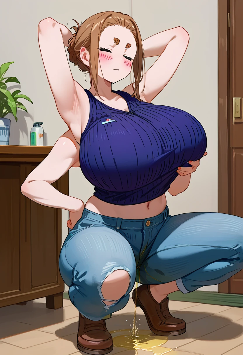 score_9,score_8_up,score_7_up,score_6_up,anime_Font,Ogawa Sumireko, sexy hips, Voluptuous body, indoors, extra arms, extra 2 arms, armpits, (huge breasts), hair up in a bun, bushy eyebrows, sleeveless knit、Ribbed knit、Denim pants, blushing, looking at viewer, sexy posture, peeing, touching her breast, closed eyes, squatting
