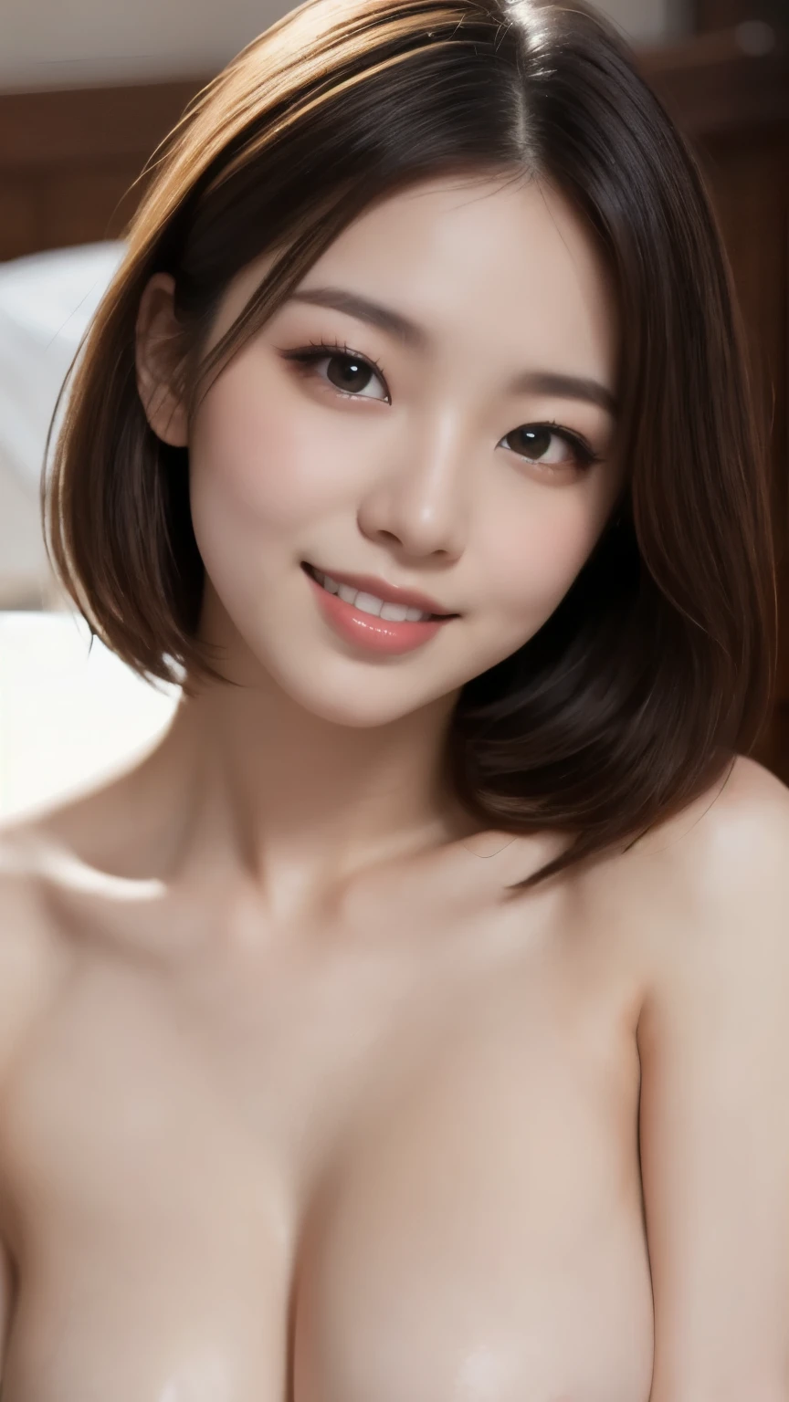 8k、Best Quality、(masterpiece:1.2)、(Real)、(Real:1.37)、Ultra-high resolution、One female college student、Droopy eyes、Beautiful teeth alignment、smile、Well-formed fingers、bedroom、(((nude)))、Big Breasts、Perfect Body、Perfect Fingers、Beautiful Skin、Professional Lighting、gravure、Detailed face and skin texture、Fine particles、RAW Photos