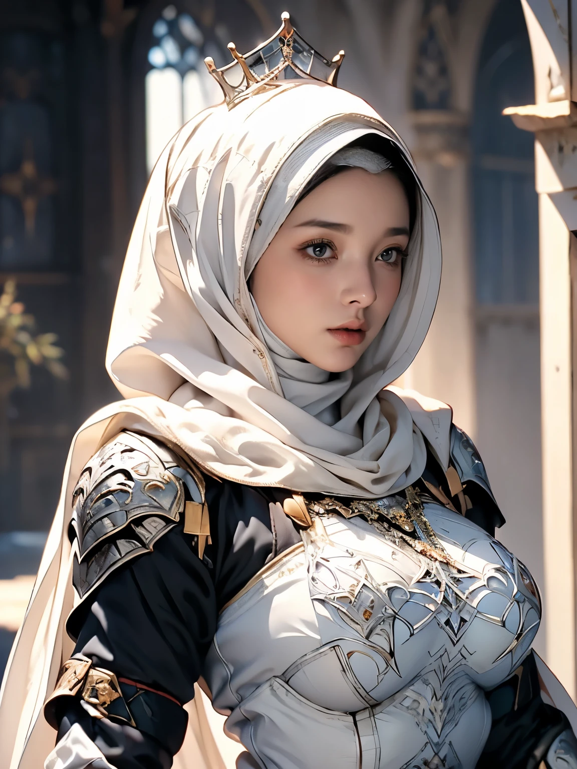 Princess, ((((Wearing the hijab)))), full armor with luxury pattern, Crown Luxury , blue eyes, Blonde, Around , (Red and silver hijab), masterpiece，The best quality at its best，High resolution，8k，((Portraiture))，(Upper Body)，Original photo，Actual photo，Digital photography，(Female Princess in the medieval fantasy style)，(Medieval Princess in fantasy style), virgin Princess ，blue eyes， Super huge breasts, Extravagant decoration of  breasts plate armor，Lips parted，Make your lips look more attractive and glamorous，((Blushing))，Contempt for Virgins，calm and beautyfull ，(Medieval Fantasy Dress，Beautiful armor breasts, Narrow waist, perfect colossal breast of Princess body, oc rendering reflection texture, luxury  breasts armor , Medieval castle background, 