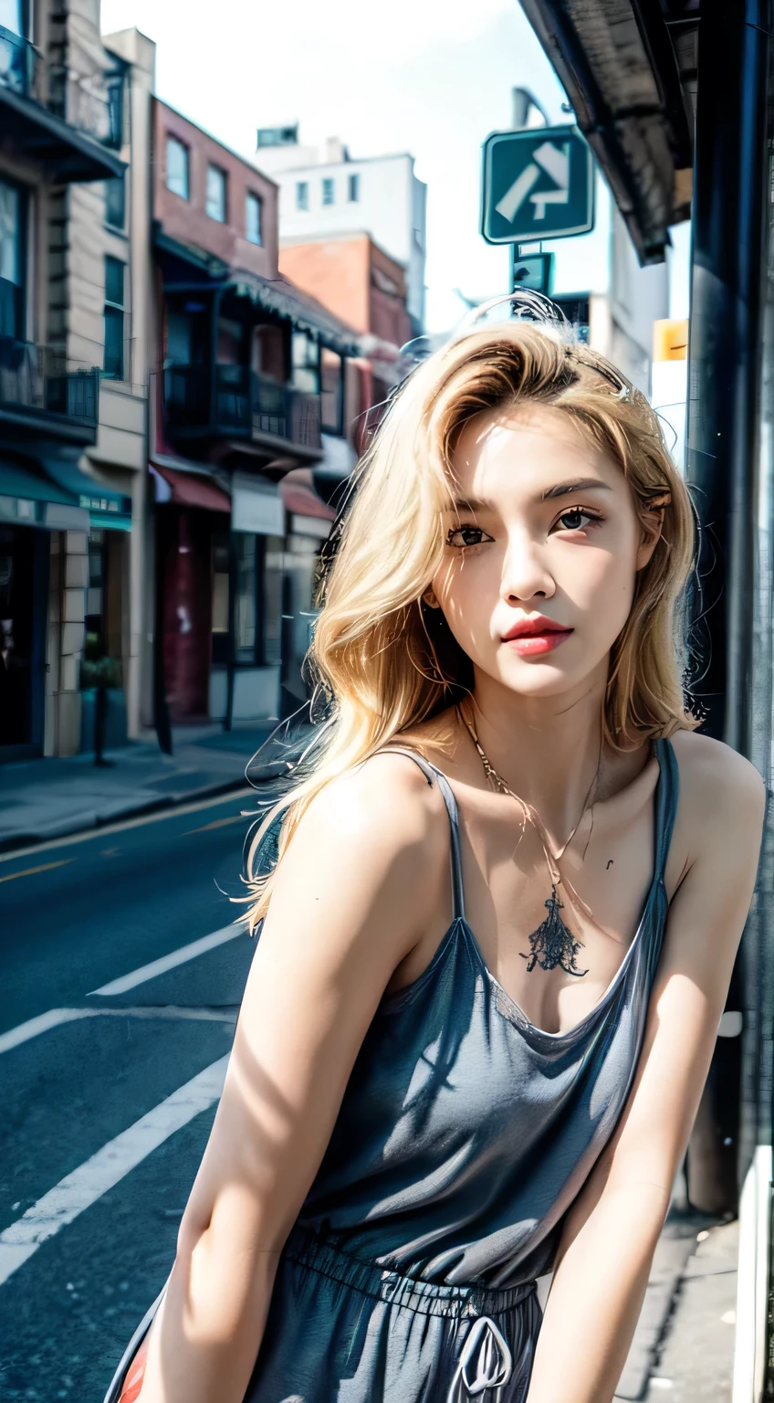 The image is of a young woman posing in a grey romper. She has blonde hair styled in loose waves and is wearing minimal makeup. She is standing on a street with a building in the background. The romper has a scoop neckline and thin straps. The woman has a tattoo on her left arm and is looking directly at the camera with a confident expression.