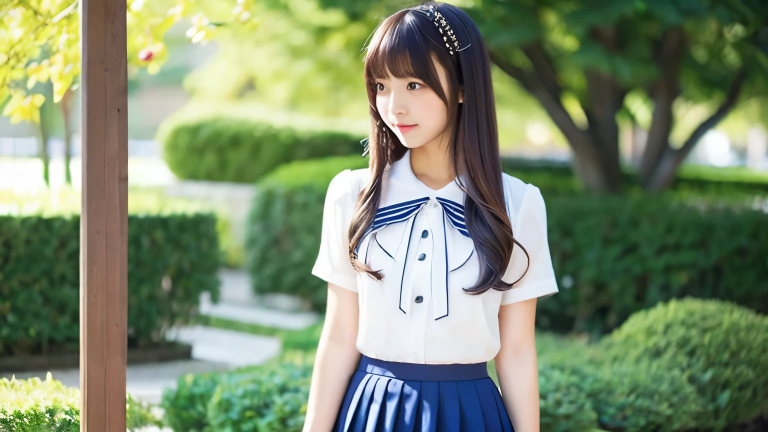 In the art of image generation, we aim to craft a narrative that transcends the ordinary. The protagonist of this narrative is a Japanese high school girl of incomparable beauty, standing front and center in a landscape that echoes the fantastical realms of Final Fantasy. She stands boldly, her gaze meeting ours, embodying a blend of youthful innocence and a burgeoning sense of adventure. Her traditional school uniform is a striking juxtaposition against the surreal backdrop, grounding the scene in a familiar reality amidst the fantastical. The backdrop is a spectacle of nature's grandeur, with majestic mountains, verdant forests, and sparkling bodies of water under the soft hues of a twilight sky. The colors are rich and the details are painstakingly rendered, from the delicate textures of the foliage to the gentle undulations of the water. The image quality is impeccable, offering a clarity and depth that invites the viewer into the scene. The girl's portrayal is both realistic and enchanting. Her hair, tousled by a soft breeze, frames her expressive face. Her eyes, wide with awe and wonder, reflect the magic of the world around her. The image is so vivid, so engaging, that it feels as if you could reach out and touch the scene, join her in this extraordinary journey. This is not merely an image; it's a visual narrative. It's a testament to the power of image generation, where reality and fantasy intertwine, and where a Japanese high school girl can be the heroine of a world reminiscent of Final Fantasy.