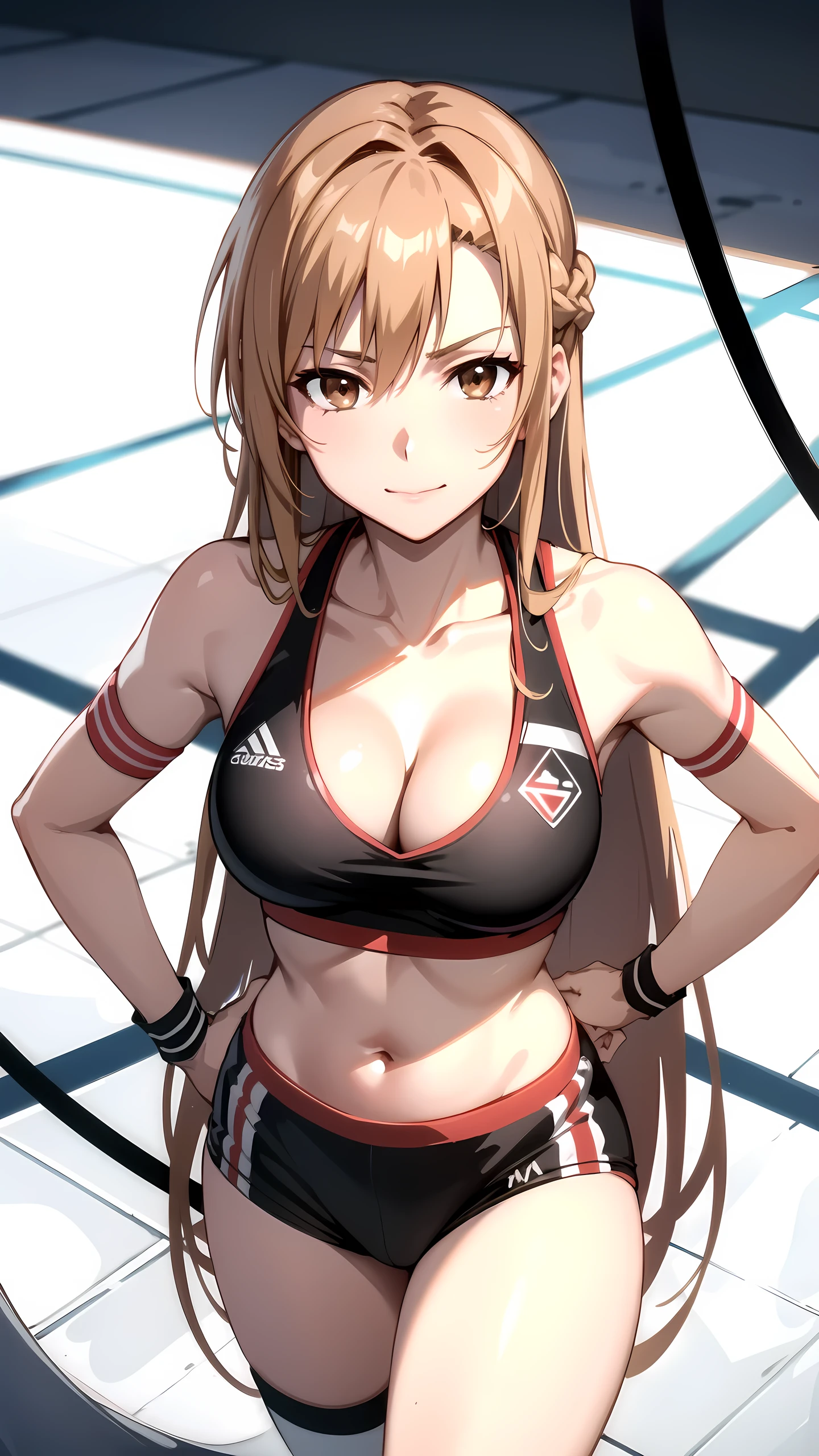 tall body, tall, long legs, mature female, mature, adult, Eft_sao_asuna, 1girl, long hair, asuna (sao), brown hair, brown eyes, solo, looking at viewer, bare shoulders, very long hair,medium breast, ,Ultra HD, Detailed eyes, Detailed face, (wearing MMA uniform:1.5, thigh, cleavage, Vertical belly button, Vertically centered),(on MMA Arena :1.5, realistic background), (fighting stance, duel),Toned stomach,cowboy shot, smirking, from above,