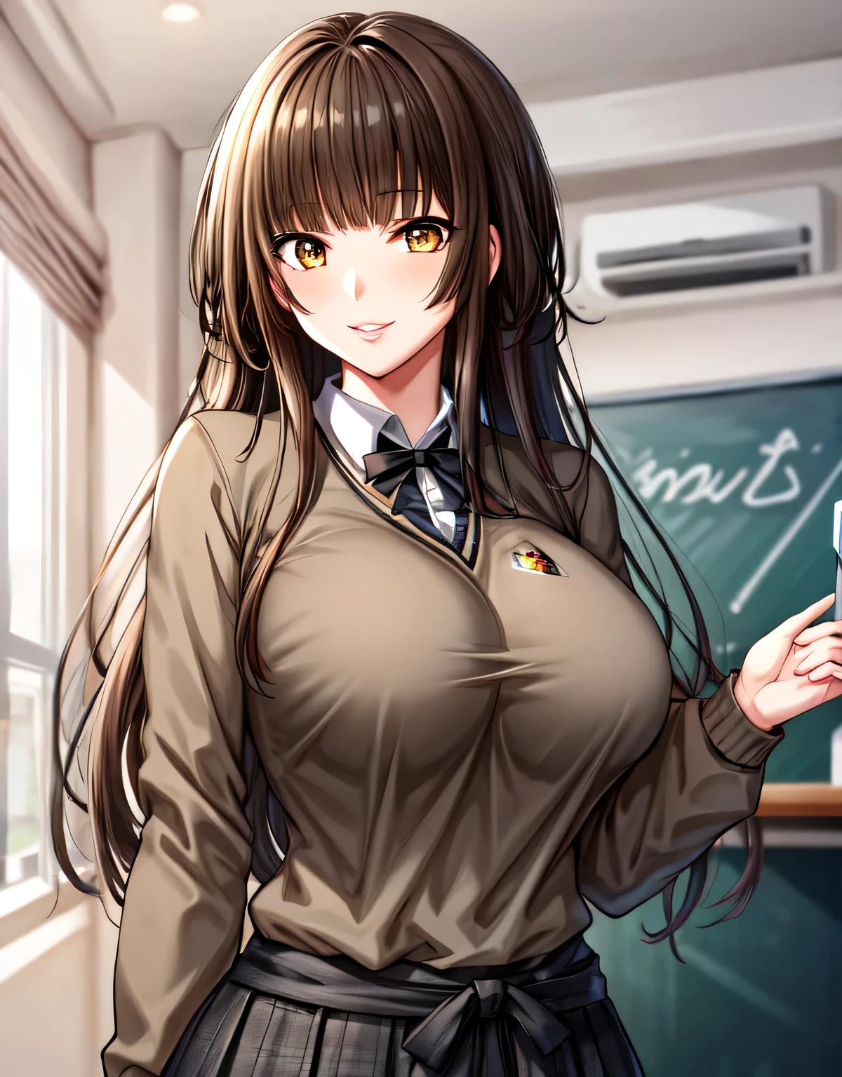 kr1,brown eyes,long hair,blunt bangs,kibito high school uniform,sweater,pleated skirt,(large breasts:1.55),(shiny hair),((solo)),((masterpiece)),((best quality)),perfect anatomy,slim waist,perfect image,8k UHD,(beautiful detailed eyes:1.5),extremely detailed face,standing,(upper body:1.2),(look at the front:1.5),ultra-detailed,absurdres,ultra-highres,yellow eyes,brown eyes,lips,light smile,classroom,