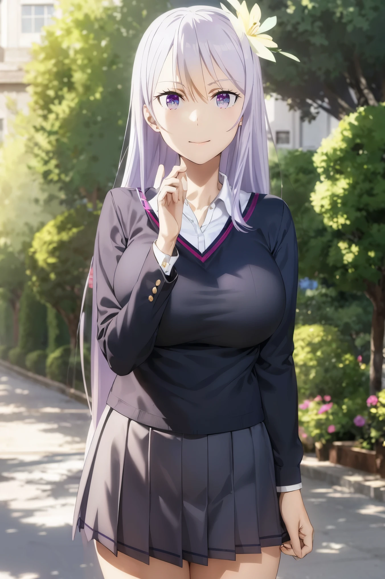 masterpiece, (big tits), (((school uniform))), skirt, (best quality), (solo), 1girl, reona, silver hair, purple hair , long hair, purple eyes ,(photorealistic:1.1), 8k uhd, looking a viewer, outdoors, simple backround, smile, flower hairclip