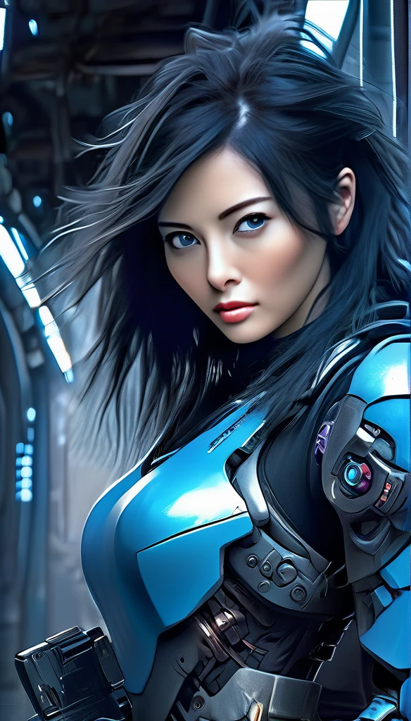 Best image quality, Great details, 超High resolution, (realism: 1.4), Best illustrations, , high density，(((A woman wearing a mecha cyber armor suit, She is wearing a beam rifle))), Cyberpunk Android，Full body photo, Superior quality through precise drawings, 8k,Sparkling blue eyes,  High resolution, 超High resolution, Best Quality, Shortcuts, Cinematic Lighting Effects, 未来的な美しいBlack Hairの女性, Sparkling blue eyes, Cyberpunk style woman, (((High tech spaceship interior with blue light illumination))), High-quality images、Black Hair, Shortcuts, Large Breasts, Unreal Engine,