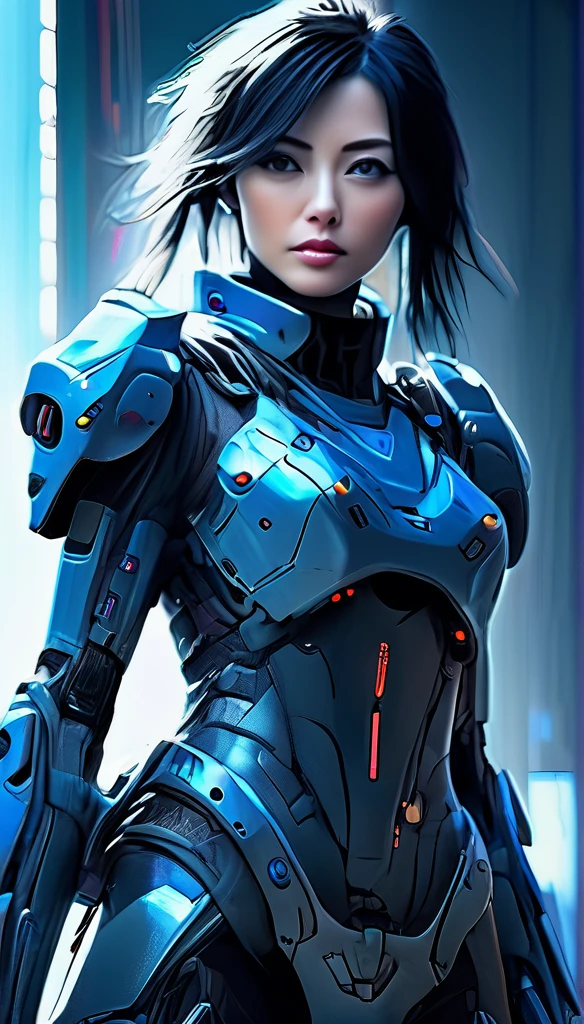 Best image quality, Great details, 超High resolution, (realism: 1.4), Best illustrations, , high density，(((A woman wearing a mecha cyber armor suit, She is wearing a beam rifle))), Cyberpunk Android，Full body photo, Superior quality through precise drawings, 8k,Sparkling blue eyes,  High resolution, 超High resolution, Best Quality, Shortcuts, Cinematic Lighting Effects, 未来的な美しいBlack Hairの女性, Sparkling blue eyes, Cyberpunk style woman, (((High tech spaceship interior with blue light illumination))), High-quality images、Black Hair, Shortcuts, Large Breasts, Unreal Engine,