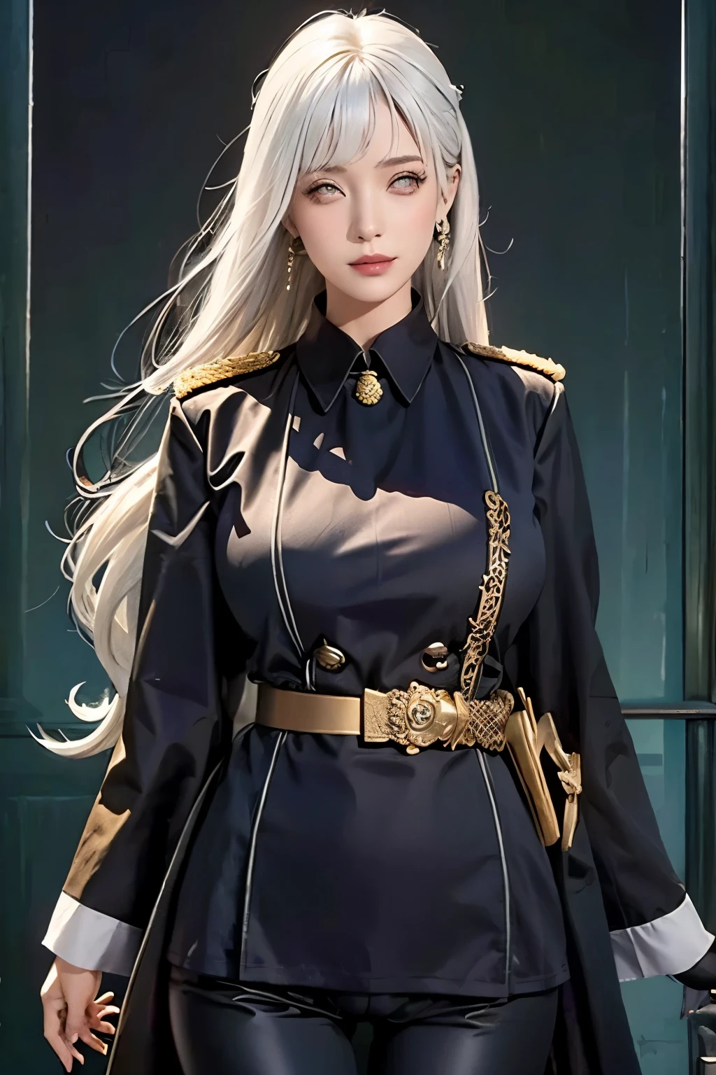 Reality, high resolution, woman, Solitary, Hips up, Look at the audience, (Delicate face), White hair, Long hair, military uniform, Jewelry