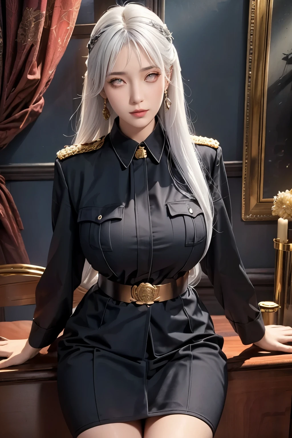 Reality, high resolution, woman, Solitary, Hips up, Look at the audience, (Delicate face), White hair, Long hair, military uniform, Jewelry