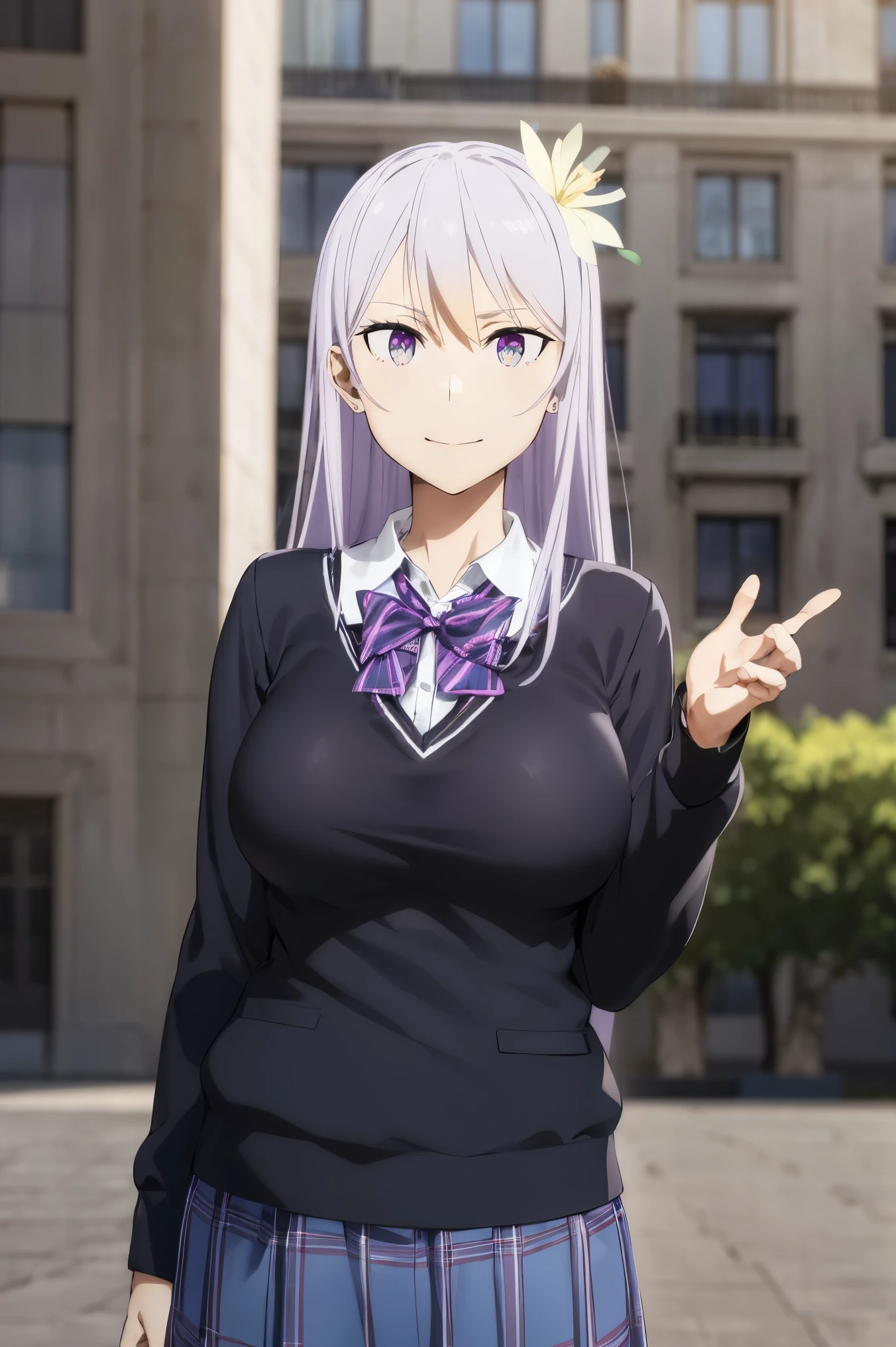 masterpiece, (big tits), (((school uniform))), skirt, (best quality), (solo), 1girl, reona, silver hair, purple hair , long hair, purple eyes ,(photorealistic:1.1), 8k uhd, looking a viewer, outdoors, simple backround, smile, flower hairclip