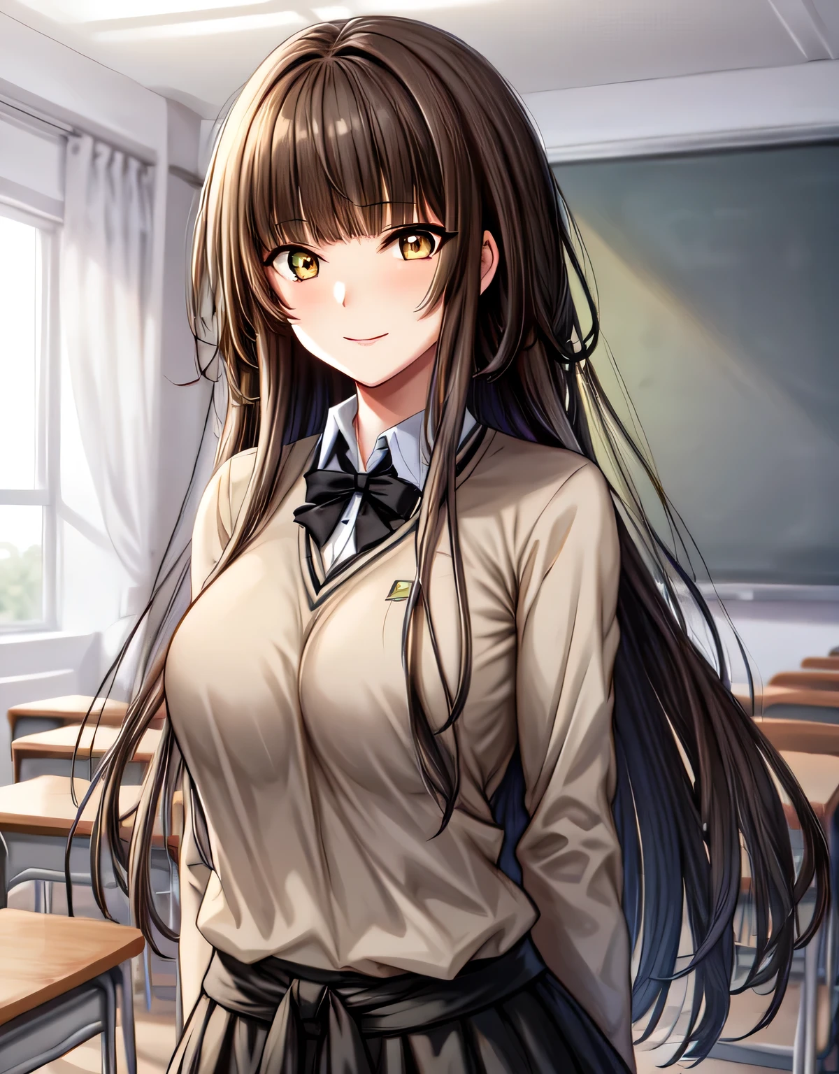 kr1,brown eyes,long hair,blunt bangs,kibito high school uniform,sweater,pleated skirt,(large breasts:1.55),(shiny hair),((solo)),((masterpiece)),((best quality)),perfect anatomy,slim waist,perfect image,8k UHD,(beautiful detailed eyes:1.5),extremely detailed face,standing,(upper body:1.2),(look at the front:1.5),(arms behind back:1.1),ultra-detailed,absurdres,ultra-highres,yellow eyes,brown eyes,light smile,classroom,