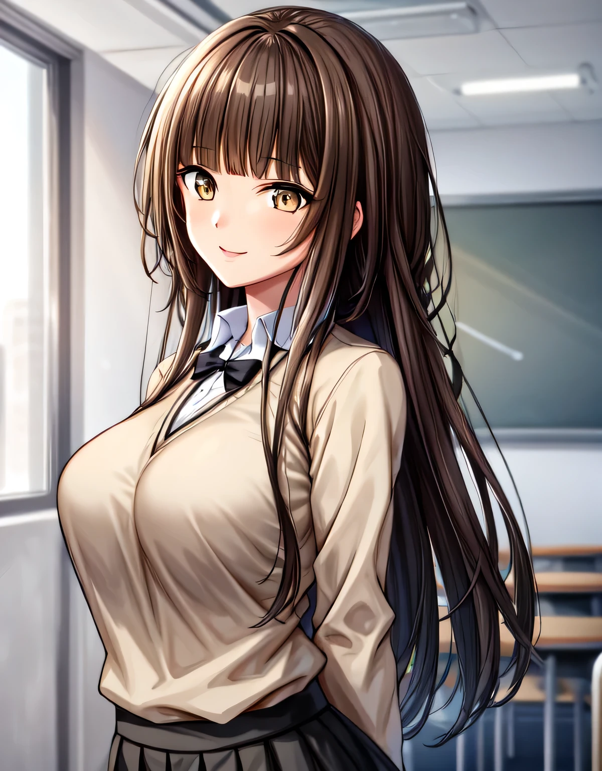 kr1,brown eyes,long hair,blunt bangs,kibito high school uniform,sweater,pleated skirt,(large breasts:1.55),(shiny hair),((solo)),((masterpiece)),((best quality)),perfect anatomy,slim waist,perfect image,8k UHD,(beautiful detailed eyes:1.5),extremely detailed face,standing,(upper body:1.2),(look at the front:1.5),(arms behind back:1.1),ultra-detailed,absurdres,ultra-highres,yellow eyes,brown eyes,light smile,classroom,