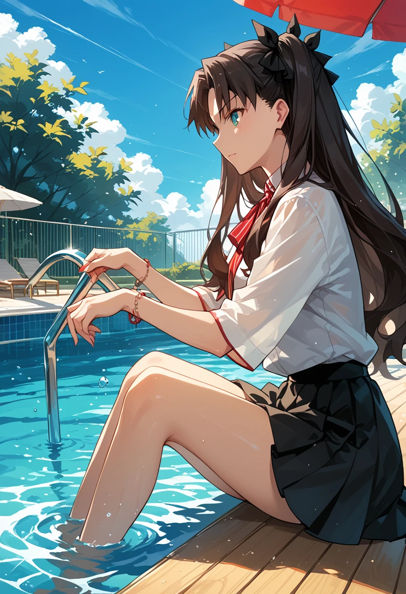 A girl sitting on the edge of the pool, Tohsaka Rin, Popular on pixiv, perfect body, View from the side and below!, Super detailed photos, featured on amiami, Inspired by Krenz Kuszat, Highly detailed and colorful, Water - Recorded, Idol Master, perfect hands.