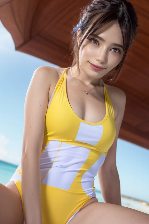 One Girl,Beautiful woman in a yellow one-piece swimsuit,  Perfect body,, The background is all white,  High resolution face, Beautiful Eyes, Beautiful Lips, Double eyelids, A kind smile,  Sunburn, Pubic hair tips, (Best Quality, 8k, masterpiece:1.3), Front and full body shot, Pussy Line, positive, Spread your legs,Medium princess cut hair，blonde