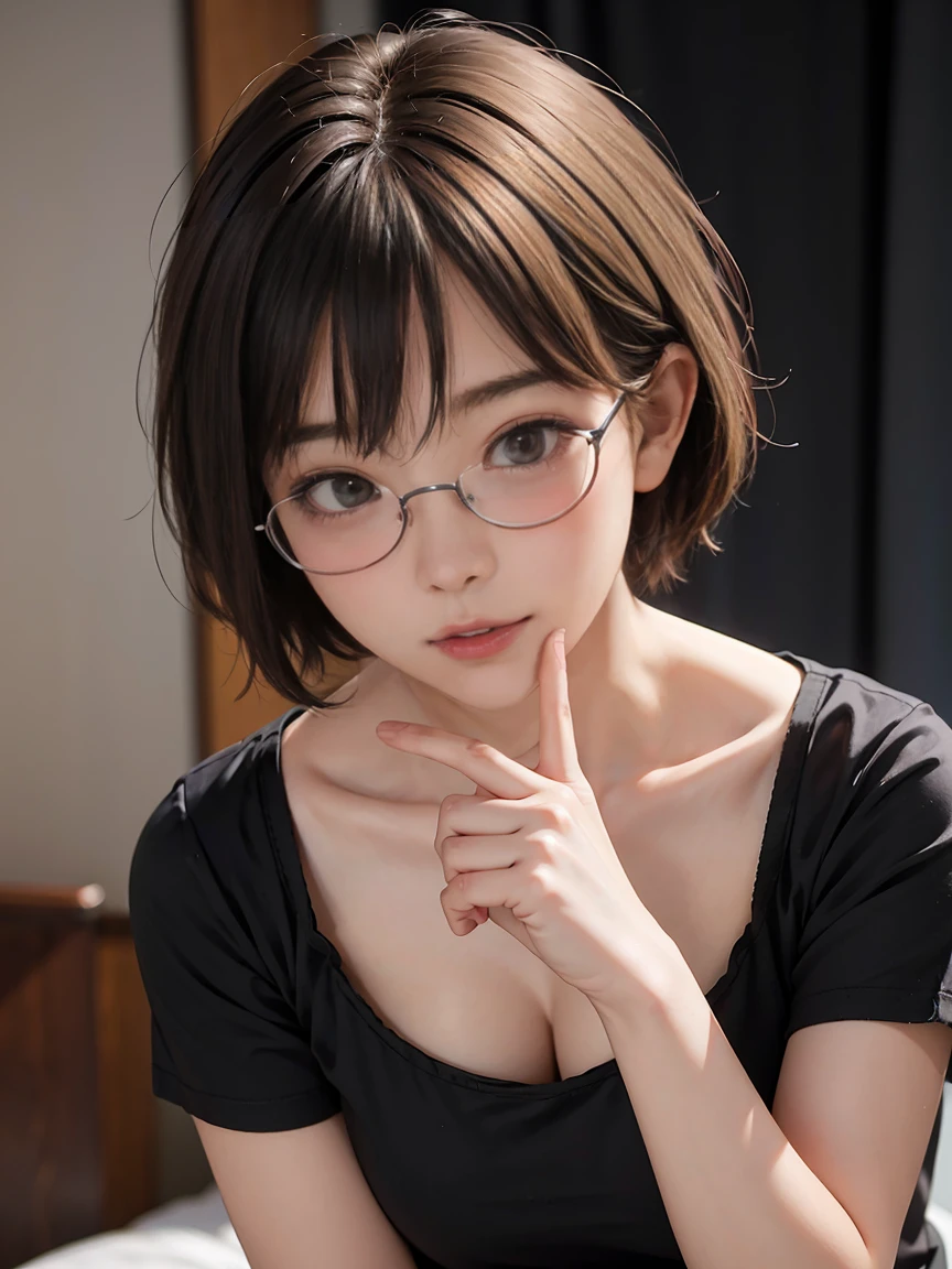 there is a woman with glasses and a white shirt holding up two fingers, tidy hair，By bangs, lofi-girl, Ruan cute vtuber, blunt bangs fall on her forehead, With bangs, She has black hair，By bangs, she has a cute expressive face, she has a cute face, ulzzangs, lofi portrait, chiho