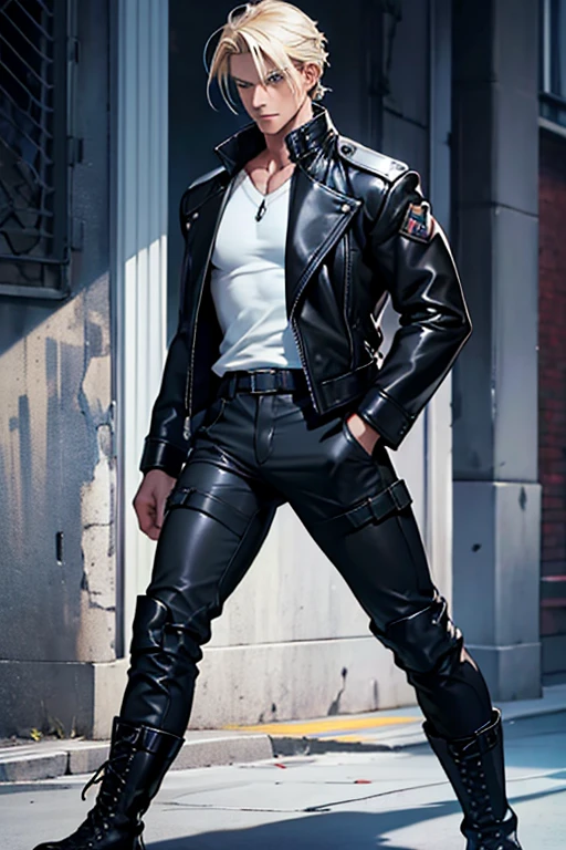 
"Generate an image of a confident, muscular young man standing in a modern city street at dusk. He has short, tousled black hair with a slight undercut and piercing red eyes. He is wearing a black leather biker jacket without under t shirt, bare naked on top, and tight black leather pants, leather Spike punk collar. At back alley, trash area, wet floor, warehouse basement, with a moody, urban atmosphere. The man exudes a cool, edgy vibe."