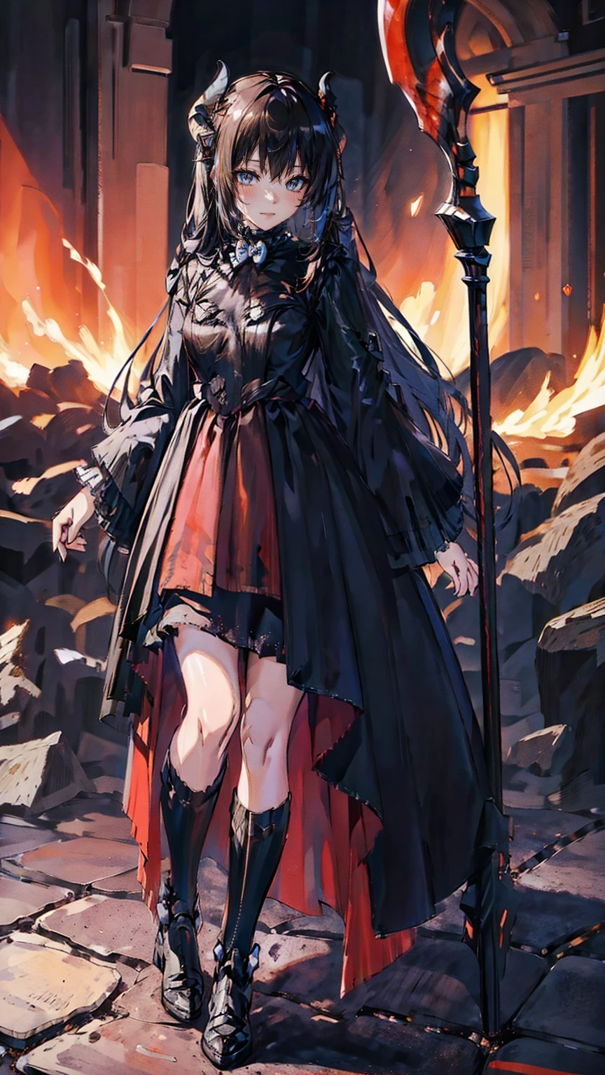 , Perfect Eyes, Soft Light, high quality, 4K resolution, masterpiece: Fine skin, Attention to detail, 最high quality, Awards, Very detailed, high quality, devilの女王、Horned goat, Gothic Dress, Living in the depths of hell, Lava flow, Blue long hair, Bright Blue Eyes, Red High Heels, Navy Blue Dress、Shadowy Face　、Have a weapon、Staring at the audience with a frightened expression、beautiful girl、とてもcute天使、Pink Gothic Fashion、cute、、smile、Long skirt、Black long boots、.(最high quality,4K,High resolution,masterpiece:1.2),Very detailed,Realistic:1.37,Spooky altar background,dark fantasy,Red color scheme,Ominous atmosphere,Eye-catching,Storytelling,anatomy,Anime Style,Concept Art,beautifulAttention to detail顔と (((Red eyes ))),A terrifying ritual ,devilの儀式,Premature death,Inappropriate behavior,クレイジーなsmile,Scythe Face,Girl Monster, beautiful, Delicate facial features, Sharp Eye, Sharp Fangs, pale Skin, Dark Background, Cinema Lighting, Dramatic Shadows, Gothic style, Gloomy atmosphere, dark fantasy, One person&#39;S, Please open your mouth wide, Open your mouth and baring your teeth,Sharp teeth like a beast, Wide lips, Very wide mouth, Red cheeks, ,(Blood splatter:1.4),Scary smile, smile,Angel Design, TwiSted smile、Bloody、Head bleeding,,,,,、Blood splatter、,(Blood splatter:1.4),skull,devil&#39;gun,Horror Style, ((Fantasy Sweet Ta Frill Pink Costume)), ((Flowing blonde hair)), ,(Blood splatter:1.4),Female Curves, Sexy flat stomach, Perfect hands, Perfect anime character face, (Pink Tata Dress)), Standing, ((邪悪なsmile)), ,(Blood splatter:1.4), Steam circulation, Moonlight Illumination, night lighting, (Blood splatter:1.6),アニメAngel Design, TwiSted smile、Bloody、Head bleeding,,,,,、Blood splatter、,(Blood splatter:1.4), skull,Gothic architecture、Western architecture、ファンタジーのworld、,Victorian city, Skeleton Gas Light,Absurd, High resolution、 ((Tabletop)), ((最high quality)), (Very detailedな), ((Very detailed)), (beautiful), ((cute)), (NFSW:1.8), One personで,(:1.6)、(world&#39;最も恐ろしく不気味なdevilの少女:1.5)beautiful face、Full Body Ezbian、pale, beautiful肌、beautiful金の髪、smile gently、Dark building ruins、(snow white&#39;Frill dress:1.3)、(The dark ruins are stained with blood:1.3)、Low angle full body shot、(少女は血の池の中にStanding:1.5)、(The ground is full of blood:1.3)、(The girl lost a lot of blood......:1.3)、(クレイジーなsmile:1.6)、Spirits、(Blood dripping from the mouth:1.3)、
