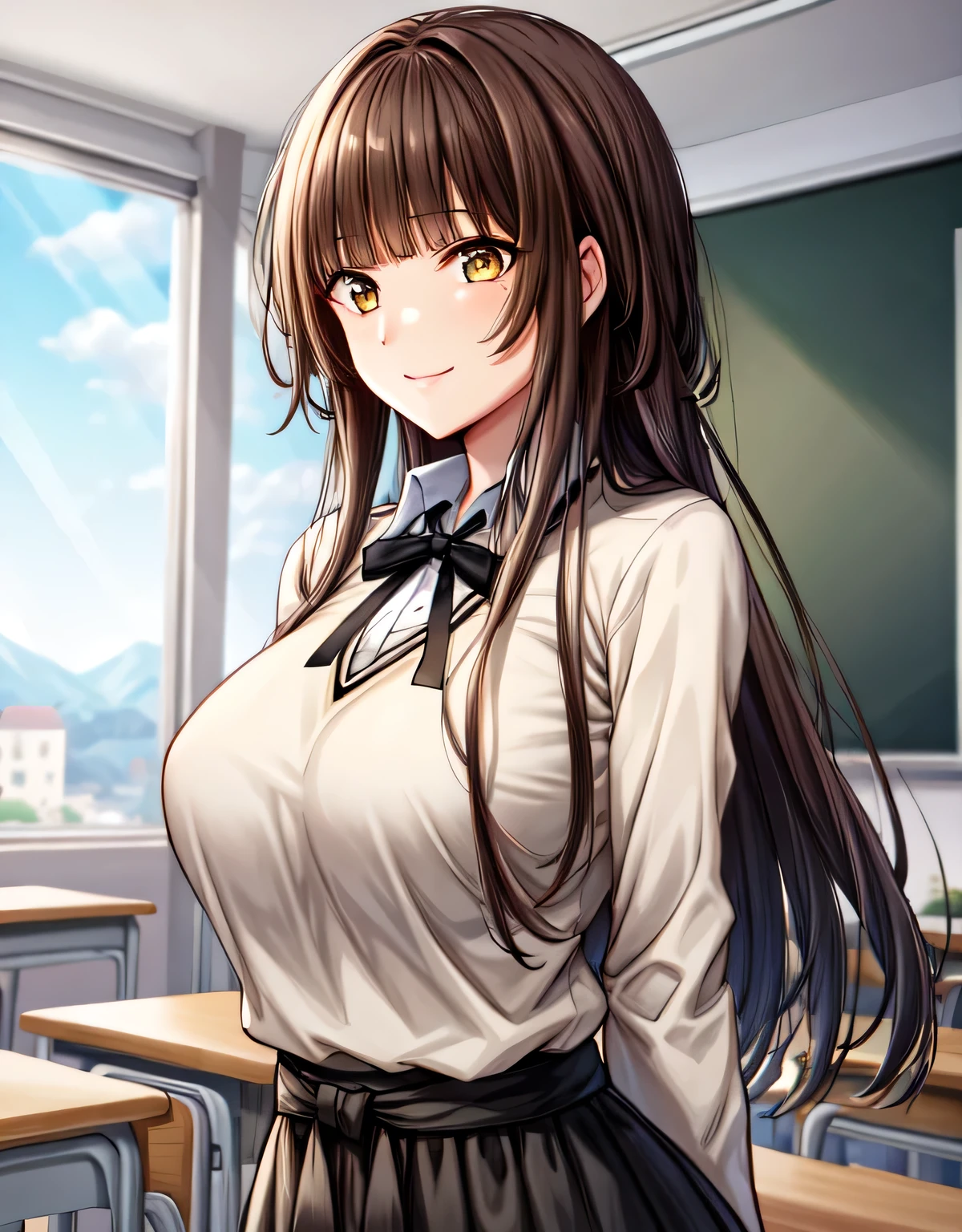 kr1,brown eyes,long hair,blunt bangs,kibito high school uniform,sweater,pleated skirt,(huge breasts:1.2),(shiny hair),((solo)),((masterpiece)),((best quality)),perfect anatomy,slim waist,perfect image,8k UHD,(beautiful detailed eyes:1.5),extremely detailed face,standing,(upper body:1.2),(look at the front:1.5),(arms behind back:1.1),ultra-detailed,absurdres,ultra-highres,yellow eyes,brown eyes,light smile,classroom,