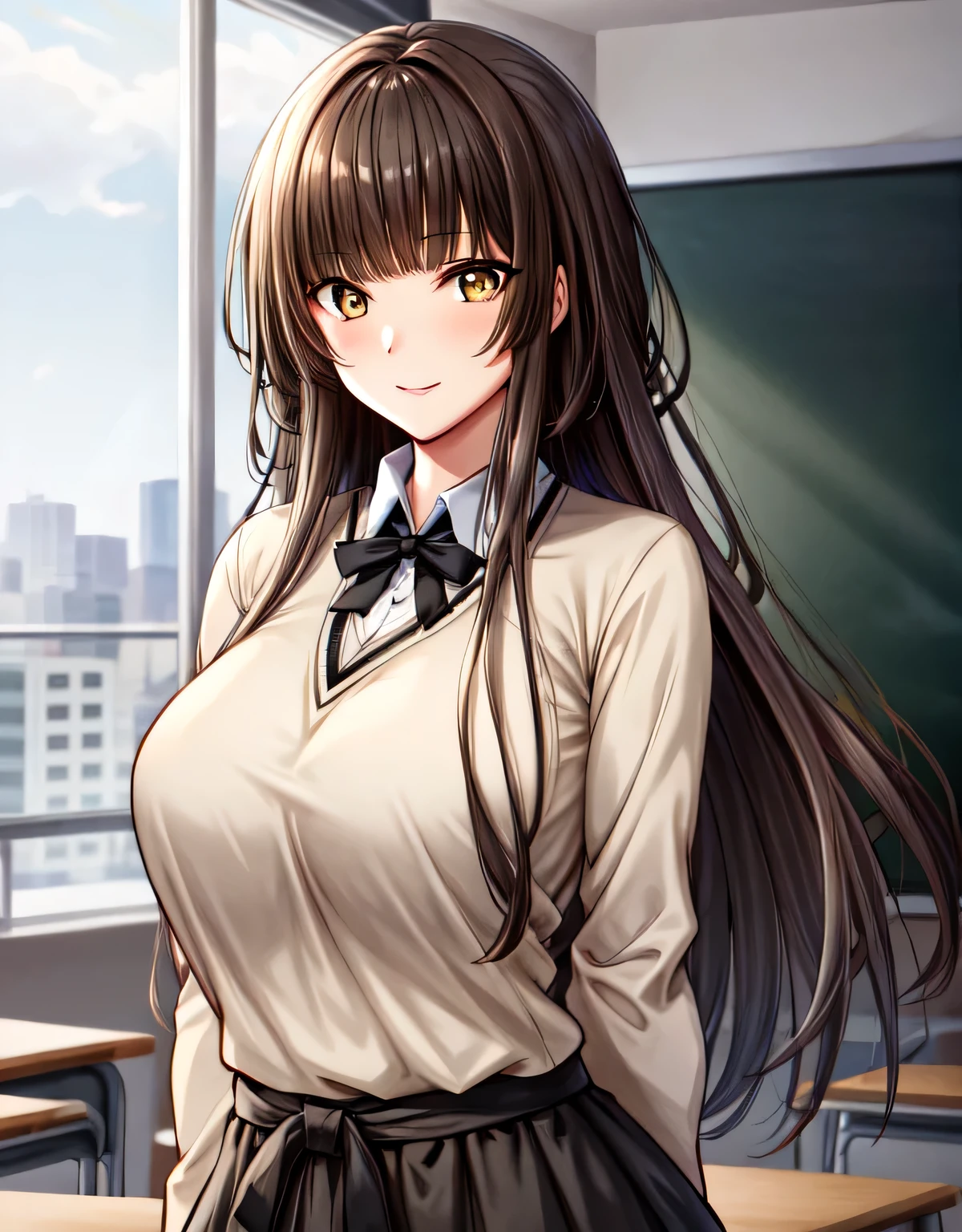 kr1,brown eyes,long hair,blunt bangs,kibito high school uniform,sweater,pleated skirt,(huge breasts:1.2),(shiny hair),((solo)),((masterpiece)),((best quality)),perfect anatomy,slim waist,perfect image,8k UHD,(beautiful detailed eyes:1.5),extremely detailed face,standing,(upper body:1.2),(look at the front:1.5),(arms behind back:1.1),ultra-detailed,absurdres,ultra-highres,yellow eyes,brown eyes,light smile,classroom,