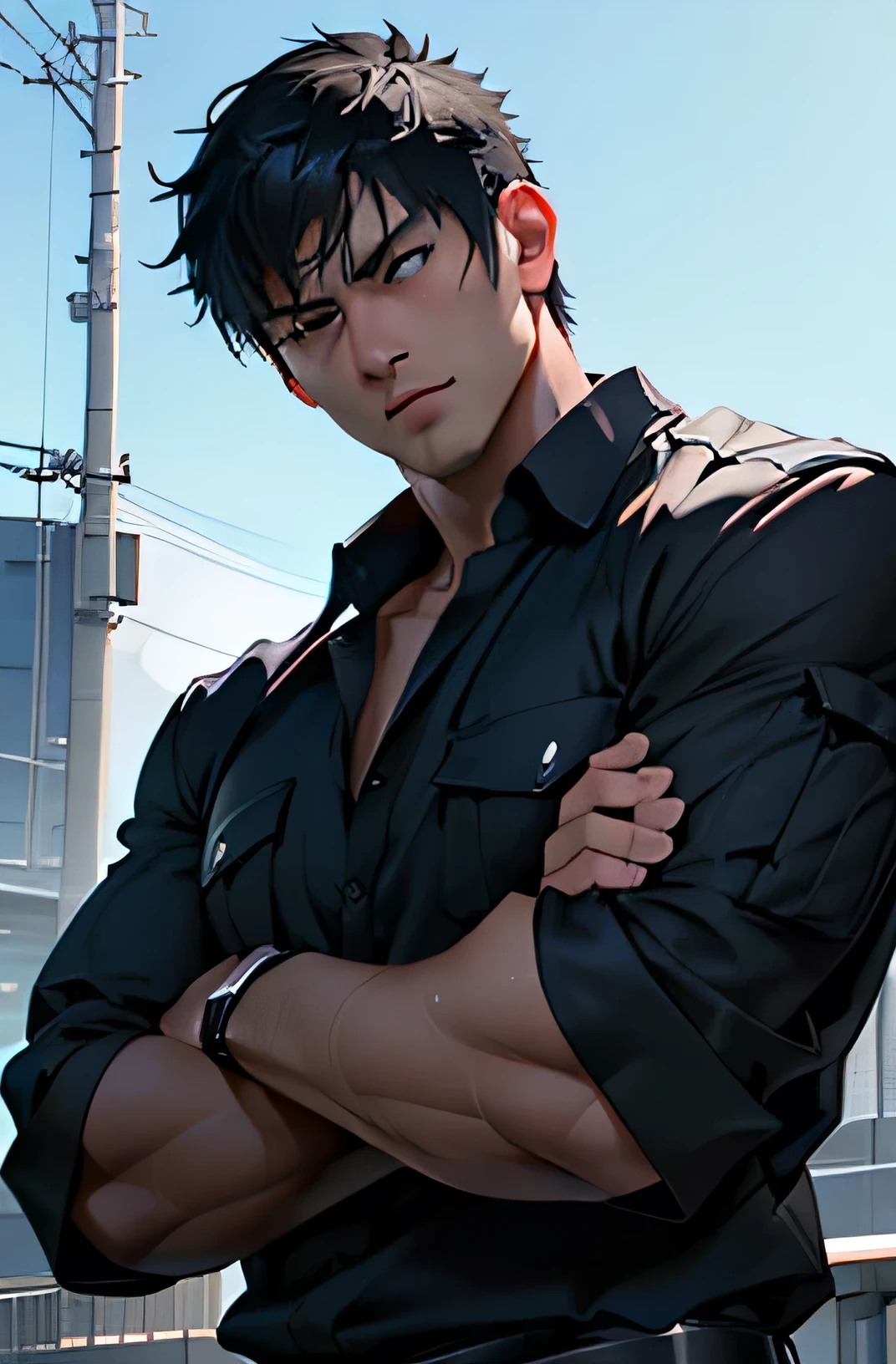 A male, (intricate details:1.22), HDR, (intricate details, hyperdetailed:1.2), full body, cinematic, intense, film composition, cinematic lighting, (rim lighting:1.3), color classification, , casual clothing, face Eren Yeager, strong. 8K