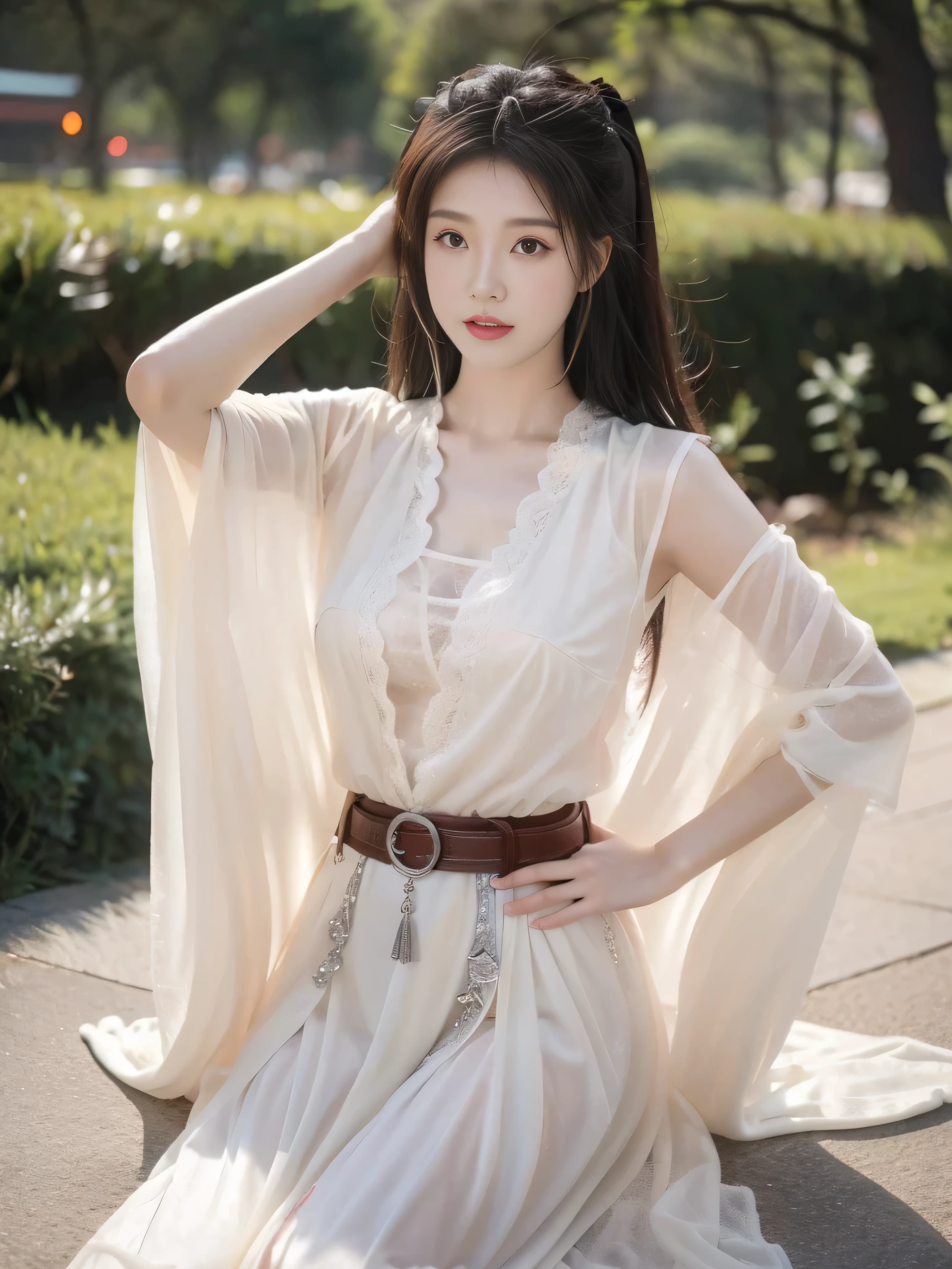 A beautiful Chinese girl，Hands on hips, hidden behind clothes，Medium length hair，Lying on the ground，Upper Body，Very full breasts，Full figure，Protruding chest，Silver thin belt