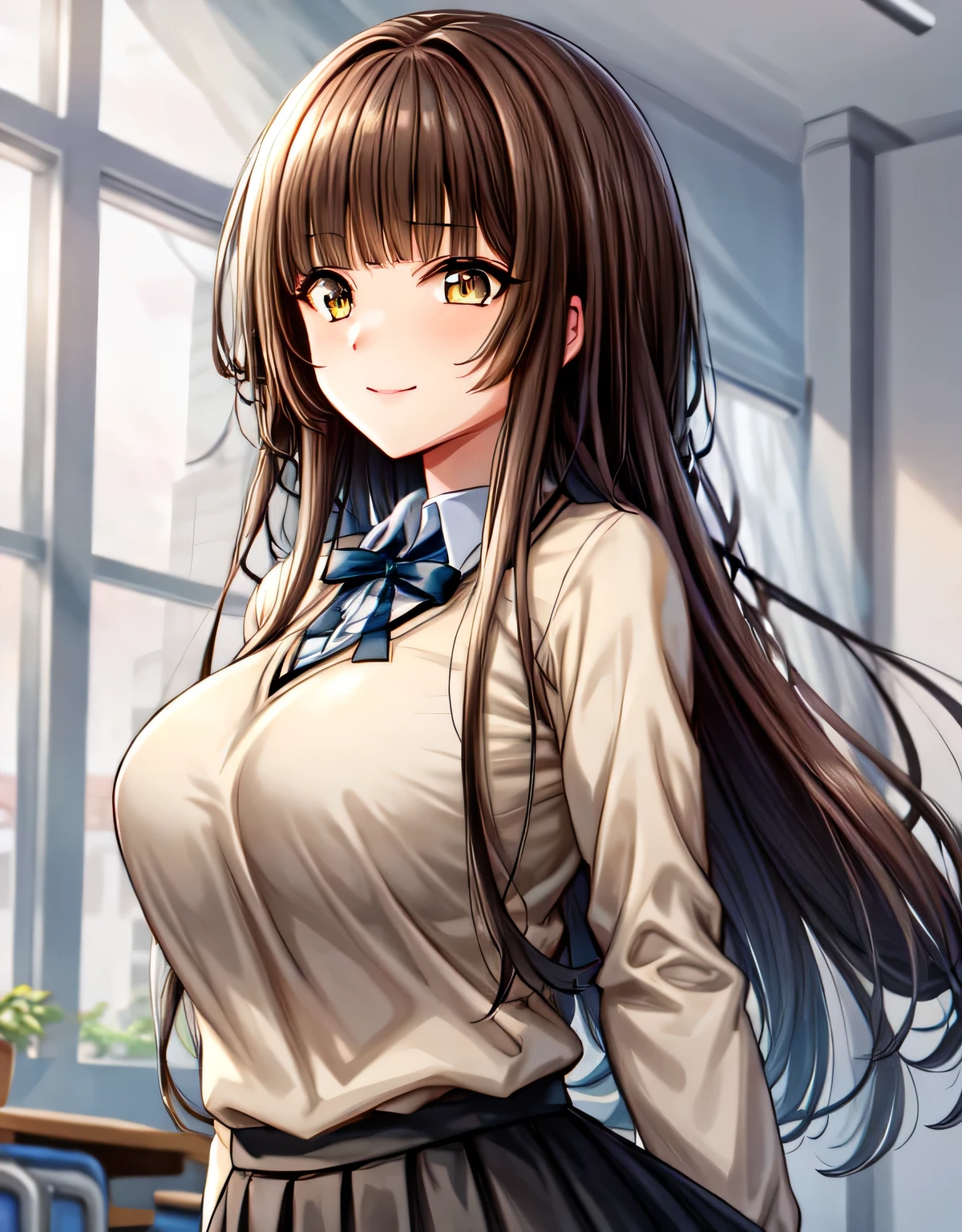 kr1,brown eyes,long hair,blunt bangs,kibito high school uniform,sweater,pleated skirt,(huge breasts:1.2),(shiny hair),((solo)),((masterpiece)),((best quality)),perfect anatomy,slim waist,perfect image,8k UHD,(beautiful detailed eyes:1.5),extremely detailed face,standing,(upper body:1.2),(look at the front:1.5),(arms behind back:1.1),ultra-detailed,absurdres,ultra-highres,yellow eyes,brown eyes,light smile,classroom,