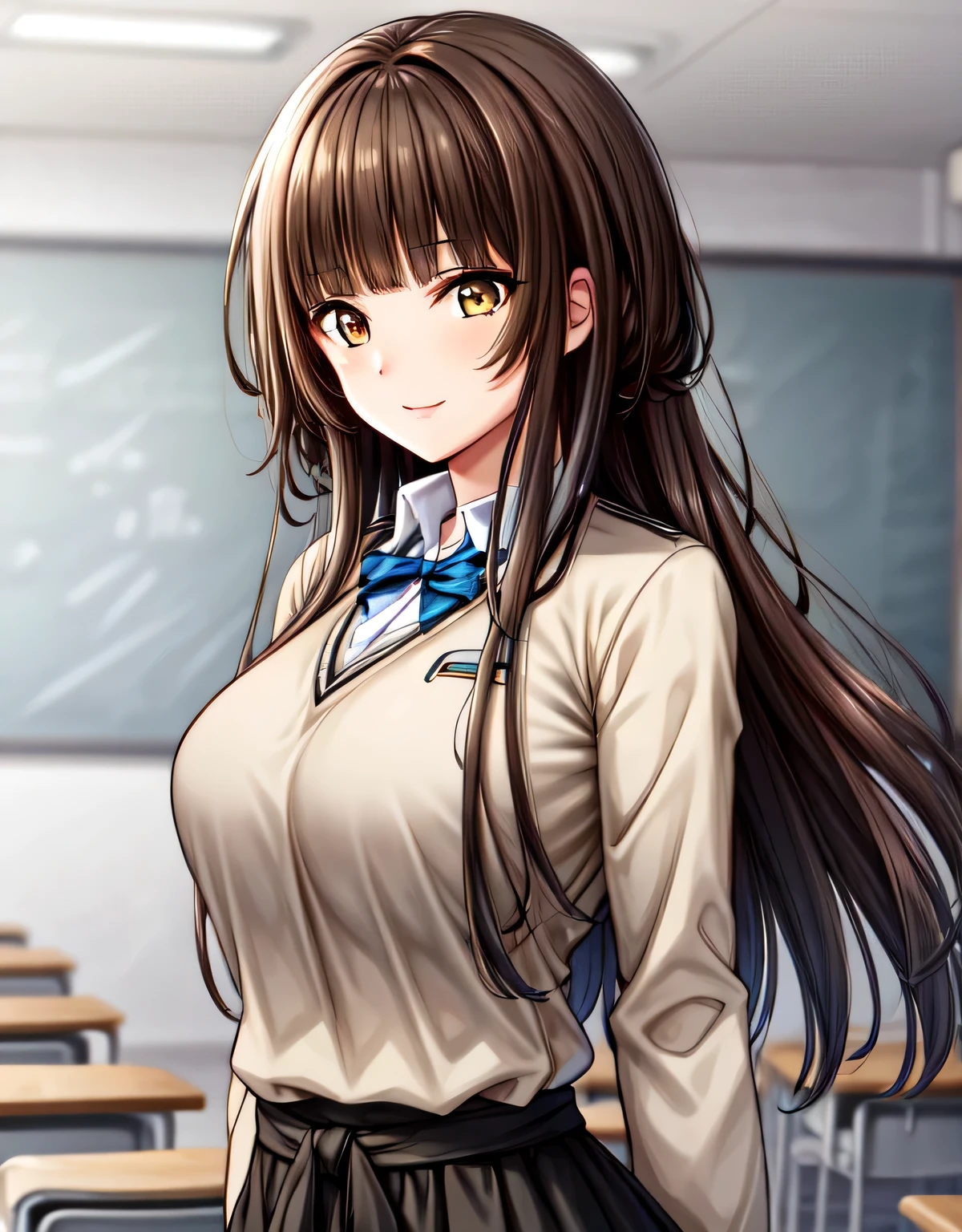 kr1,brown eyes,long hair,blunt bangs,kibito high school uniform,sweater,pleated skirt,(huge breasts:1.2),(shiny hair),((solo)),((masterpiece)),((best quality)),perfect anatomy,slim waist,perfect image,8k UHD,(beautiful detailed eyes:1.5),extremely detailed face,standing,(upper body:1.2),(look at the front:1.5),(arms behind back:1.1),ultra-detailed,absurdres,ultra-highres,yellow eyes,brown eyes,light smile,classroom,