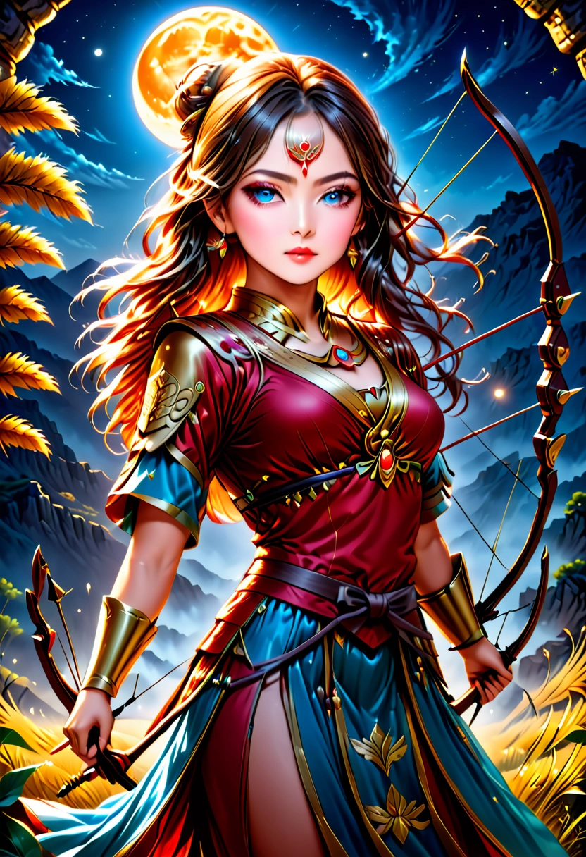 (masterpiece, best quality, beauty, best ratio, best shadows,best Illustration, wallpaper size,1080×2400 pixels,detailed face,1 girl, archery theme, detailed costume) 
uhd,realistic,korean idol beauty female, posture fully visible, windblown hair, shining blue sky eyes, a legend skilled archer in standing archery pose from an ancient civilization who wears red and gold embordired traditional clothing.  hands holding beautifully carved bows and arrows to shoot the enemy..  Background is midnight full moon.  use the RenderMan renderer.digital art.High definition,high contrast,high color saturation, 128k,cinematic lighting, intricate, cinematic advertising photograph, cinema lens,high res Cinematic,8k,1040x2400pixels