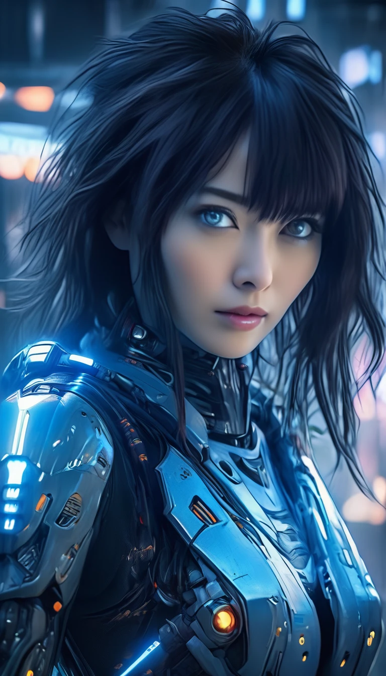 Best image quality, Great details, 超High resolution, (realism: 1.4), Best illustrations, , high density，(((A woman wearing mecha cyber armor, She has a beam rifle))), Cyberpunk Android，Full body photo, Superior quality through precise drawings, 8k,Sparkling blue eyes,  High resolution, 超High resolution, Best Quality, Shortcuts, Cinematic Lighting Effects, 未来的な美しいBlack Hairの女性, ((Sparkling blue eyes)), Cyberpunk style woman, (((High tech spaceship interior with blue light illumination))), High-quality images、Black Hair, Shortcuts, Large Breasts, Unreal Engine,