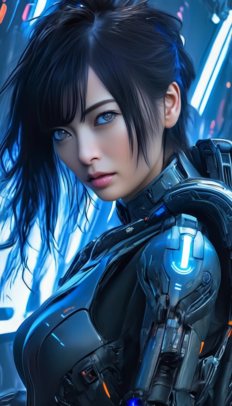 Best image quality, Great details, 超High resolution, (realism: 1.4), Best illustrations, , high density，(((A woman wearing mecha cyber armor, She has a beam rifle))), Cyberpunk Android，Full body photo, Superior quality through precise drawings, 8k,Sparkling blue eyes,  High resolution, 超High resolution, Best Quality, Shortcuts, Cinematic Lighting Effects, 未来的な美しいBlack Hairの女性, ((Sparkling blue eyes)), Cyberpunk style woman, (((High tech spaceship interior with blue light illumination))), High-quality images、Black Hair, Shortcuts, Large Breasts, Unreal Engine,