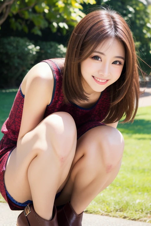 smile　Gravure idol　Big Eyes　High nose　Brown Hair　sunny　sun　Straight Hair　A taste that exudes beautiful eroticism:0.85　High resolution, Best Quality, Perfect dynamic composition,,、Shiny Hair、smile、Crouching、M-shaped feet