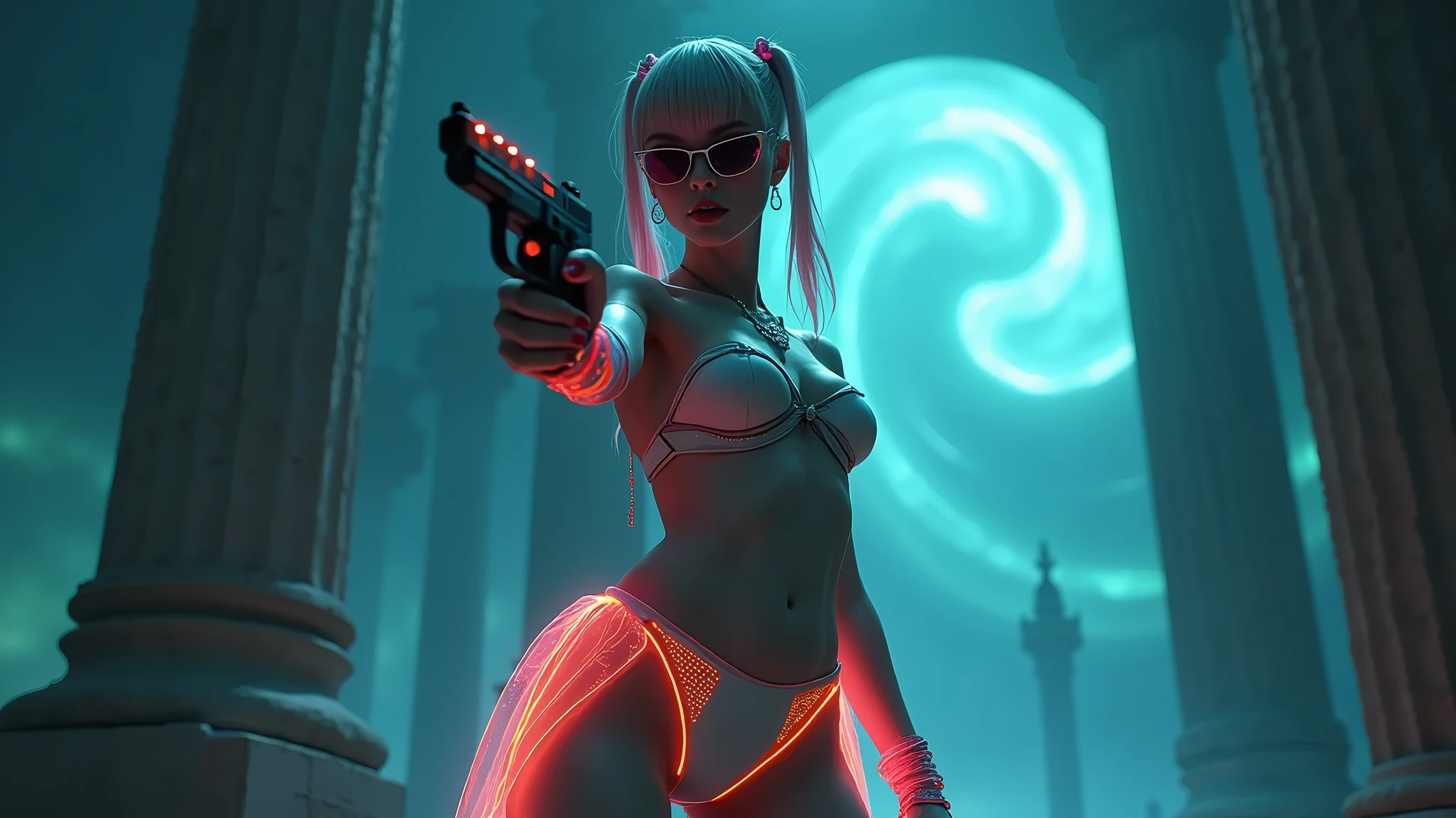 Scene from the movie, Sexy Harley Quinn from DC, extremely detailed, futuristic cityscape, nighttime, glowing neon lights, smoke, sparks, metal shavings, flying debris, blue energy effects, volumetric light
