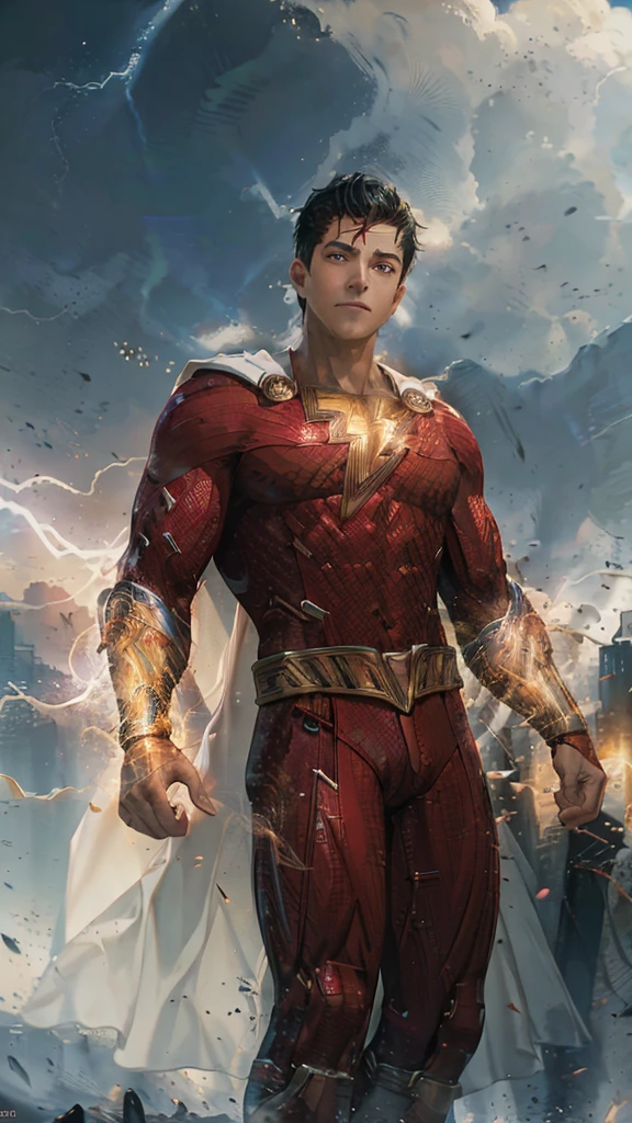 masterpiece, Billy Batson,anime,8k resolution, ultra detailed, anatomically correct ,high definition art,high brightness,ultra glowing light:200.0,High-quality rendering, A trail of vibrant energy, Dynamic and intense energy aura, Detailed illustrations, Masterpiece Presentation, Realistic lighting effects, Vibrant color palette, Highly detailed features,one male, young adult, large city landscape background,Thunderstorm,multiple lightning,Shazam's red Costume ,glowing lightning energy electricity from hands:50.0,Facing forward,hand repair
