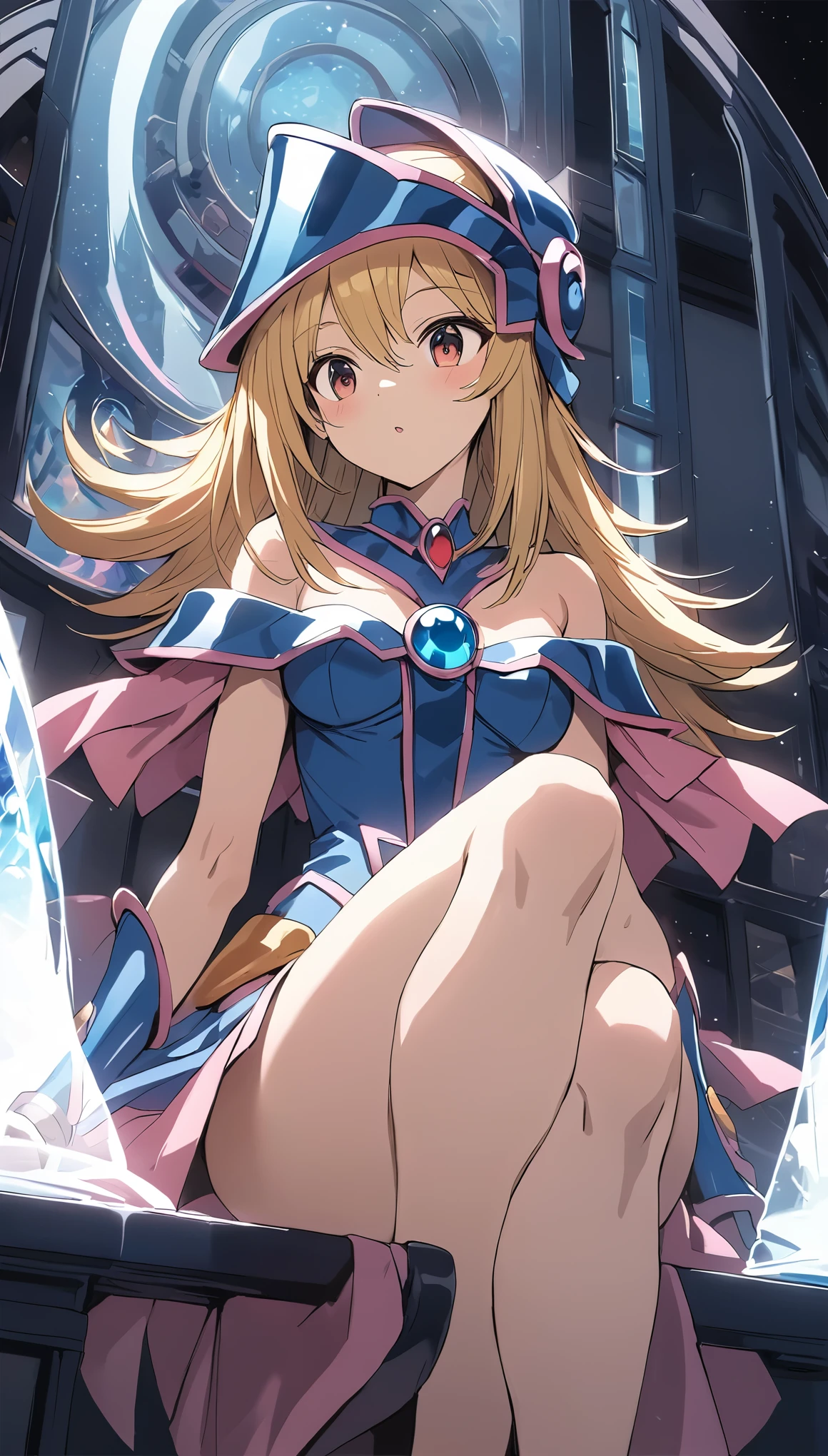 NSFW dark magician girl, glass cover, Upper part of the body, Side shot, Alternative color, Masterpiece, Detailed illustration, realist, Pixiv Top Quality, exquisite, {{{Cute 1dark magician girl}}}, Super beauty merging with the machine., Elaborate shabby chic pattern, Beautiful and bright woman, Half my body is made of machine., Transparent glass body, The inner machine is transparent., cinematic lighting, dynamic angle, dynamic pose, Crystal World, depth of field. Magic macaw at the bottom. magical hearts that show your body from head to toe, sit on the throne, sexy crossed legs, blonde hair