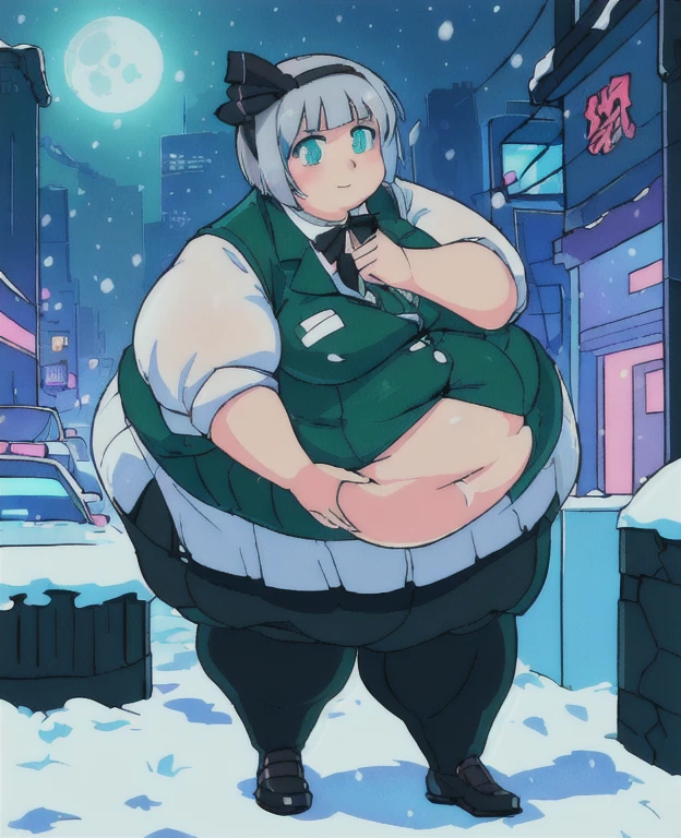 ((best quality, 4k, 8k, anime girl, masterpiece)), ((((beautiful extremely detailed face, beautiful eyes)))), glowing eyes, cinematic lighting, perfect anatomy, ((youmu konpaku)), (((chubby, SSBBW, very obese, extremely wide waist))), (((green vest, blazer, skirt, totaly fitting clothes, oversized clothes))), (full body view), ((gray/silver hair, glowing hair, black headband)), (((very wide waist))), (((fully clothed, fully concealed belly))), ((city lights, cyberpunk, neon signs, snow, moon)), ((thick outlines, anime style, vibrant colours)), slight smile, ((low camera angle)),