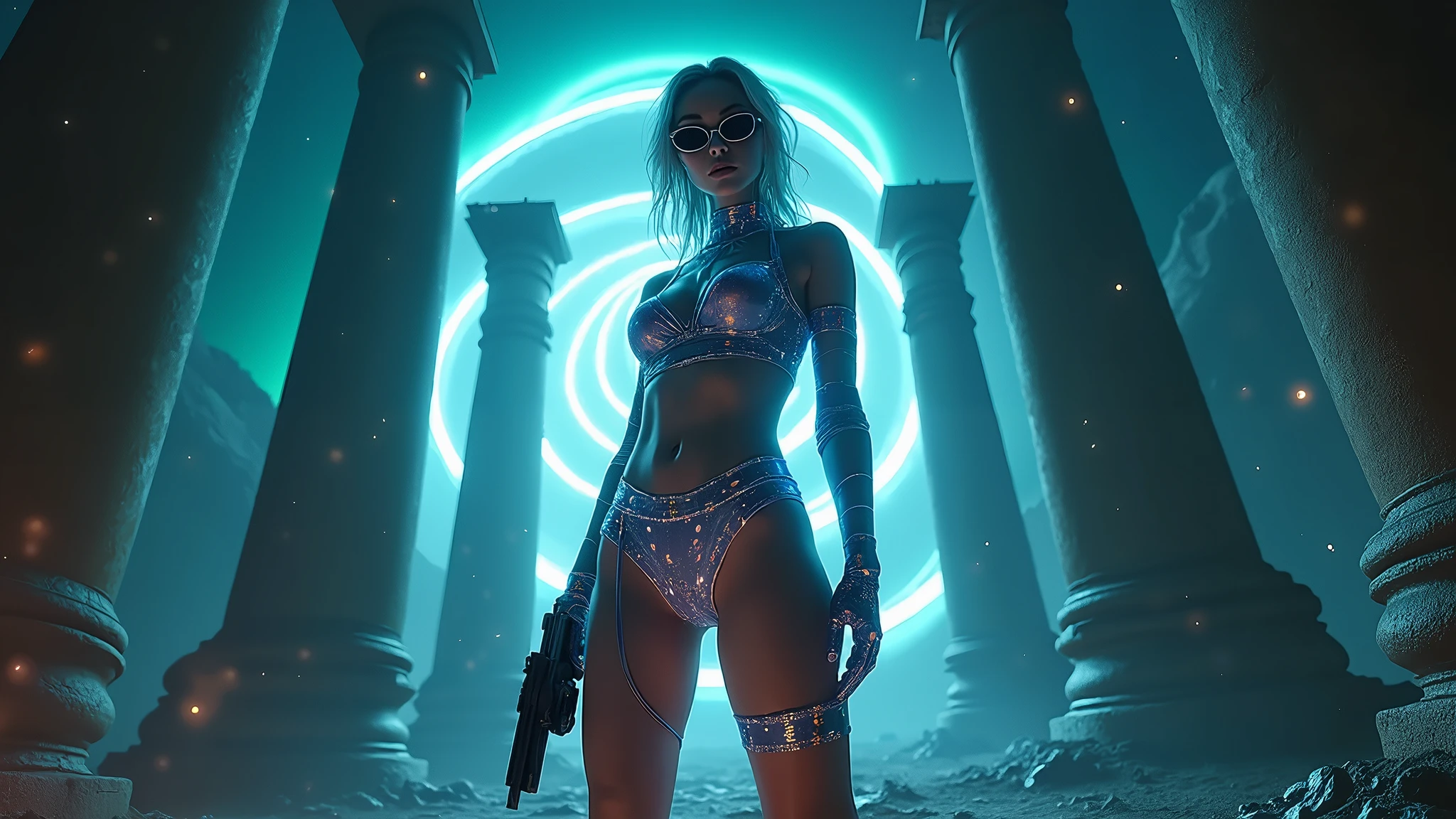 there is a woman in a bikini walking on a catwalk, Fantasia sombria cyberpunk sedutora, Moebius + Loish + WLOP, CGSsociety, impressionante;, clubes de strip cyberpunk, karol bak uhd, Arte conceitual CGSetry, Arte de Wlop e Greg Rutkowski, Deusa loira, bela arte conceitual de corpo inteiro, Estilo de Raymond Swanland