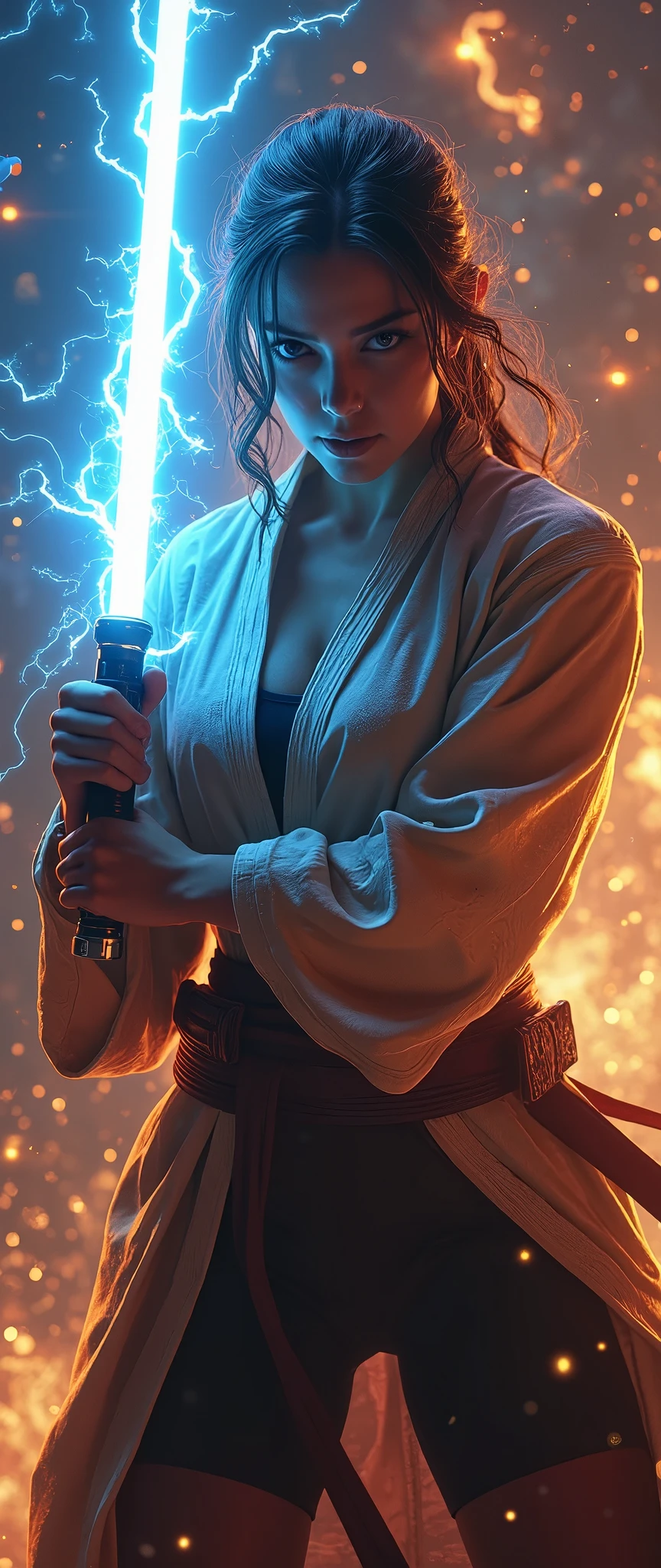 (masterpiece:1.2,Exceptional Quality,Mirror-like,Cinematic Experience,Best illustrations:2.0),Ultra-high resolution,Super detailed,8k,wallpaper,(Super sexyなメイク:0.5),(Super muscular:2.0),(1 female:2.0),(Jedi Knight:2.0),(Large breasts:2.0), (Elegant body:2.0),(Beautiful Eyes,Sparkle in the eyes,Detailed face,Beautiful skin texture:1.3,Beautiful Hair:1.3),(Beautiful female hands:2.0),(Detailed hands:2.0),(Hold the plasma saber and let out a strong electrical discharge.:2.0),(Samurai Stance:2.0),(Wearing a Jedi Knight outfit:2.0),(The background is a galaxy and intense discharges:2.0),(Super sexy:2.0),(Very thick thighs:2.0),(Super sensual:2.0),(Cyberpunk:2.0),(SF:2.0),(vfx:2.0),(Upper body close-up:2.0),(dynamic:2.0),(Serious:2.0)